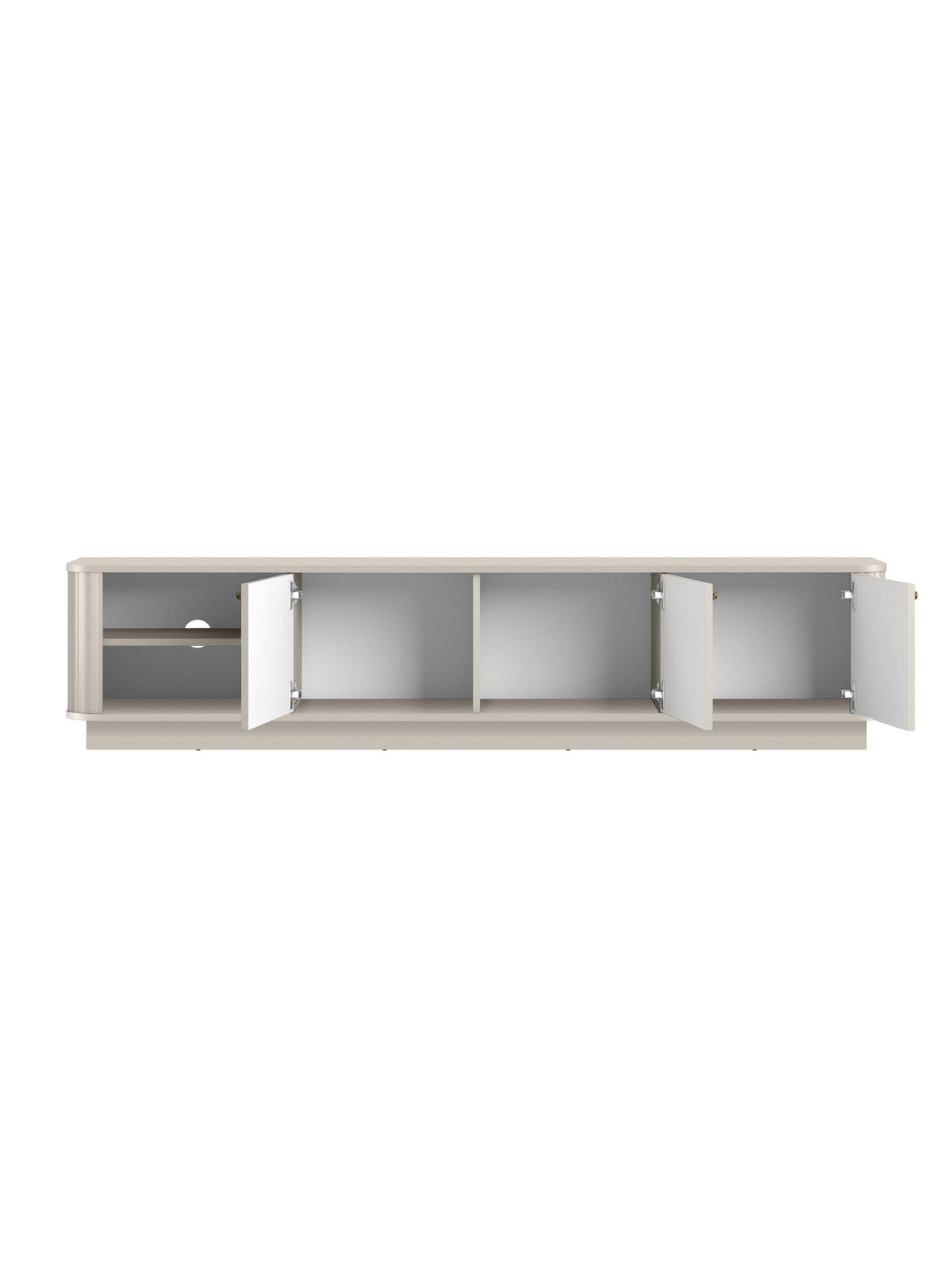 Comodă TV Vesper 3D 187 cm casmir cu trei uși deschise și mânere aurii