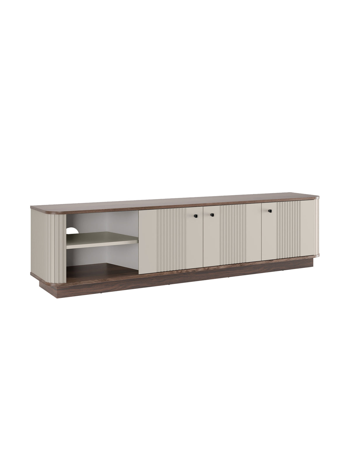 Comodă TV Vesper 3D 187 cm kasmir cu blat nuc și mânere negre, față rigată, vedere din stânga