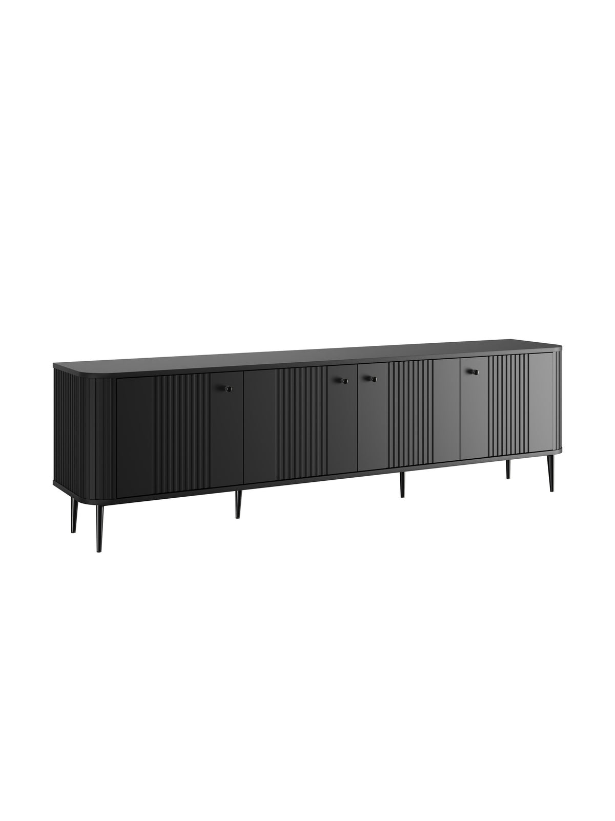 Comodă RTV Vesper 4D 187 cm neagră mat cu fețe striate și picioare negre