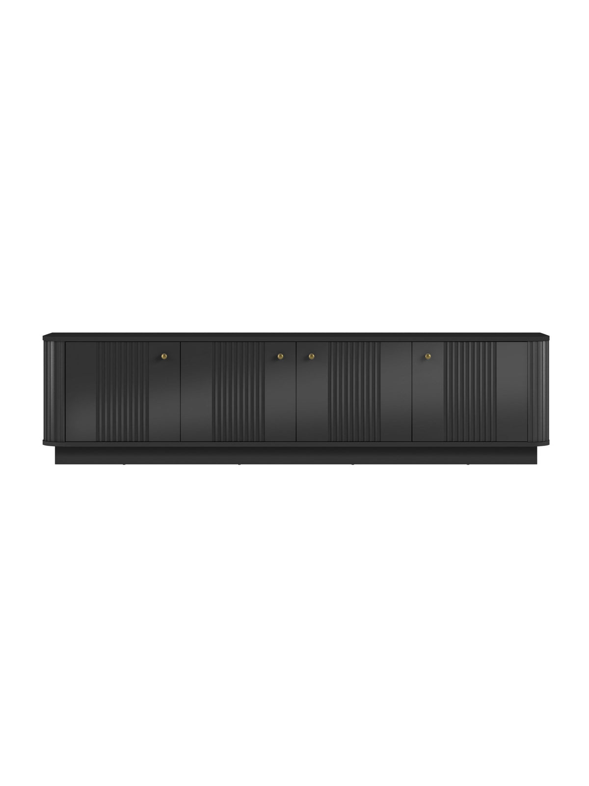 Comodă TV Vesper 4D neagră cu fronturi striate și mânere aurii, lățime 187 cm