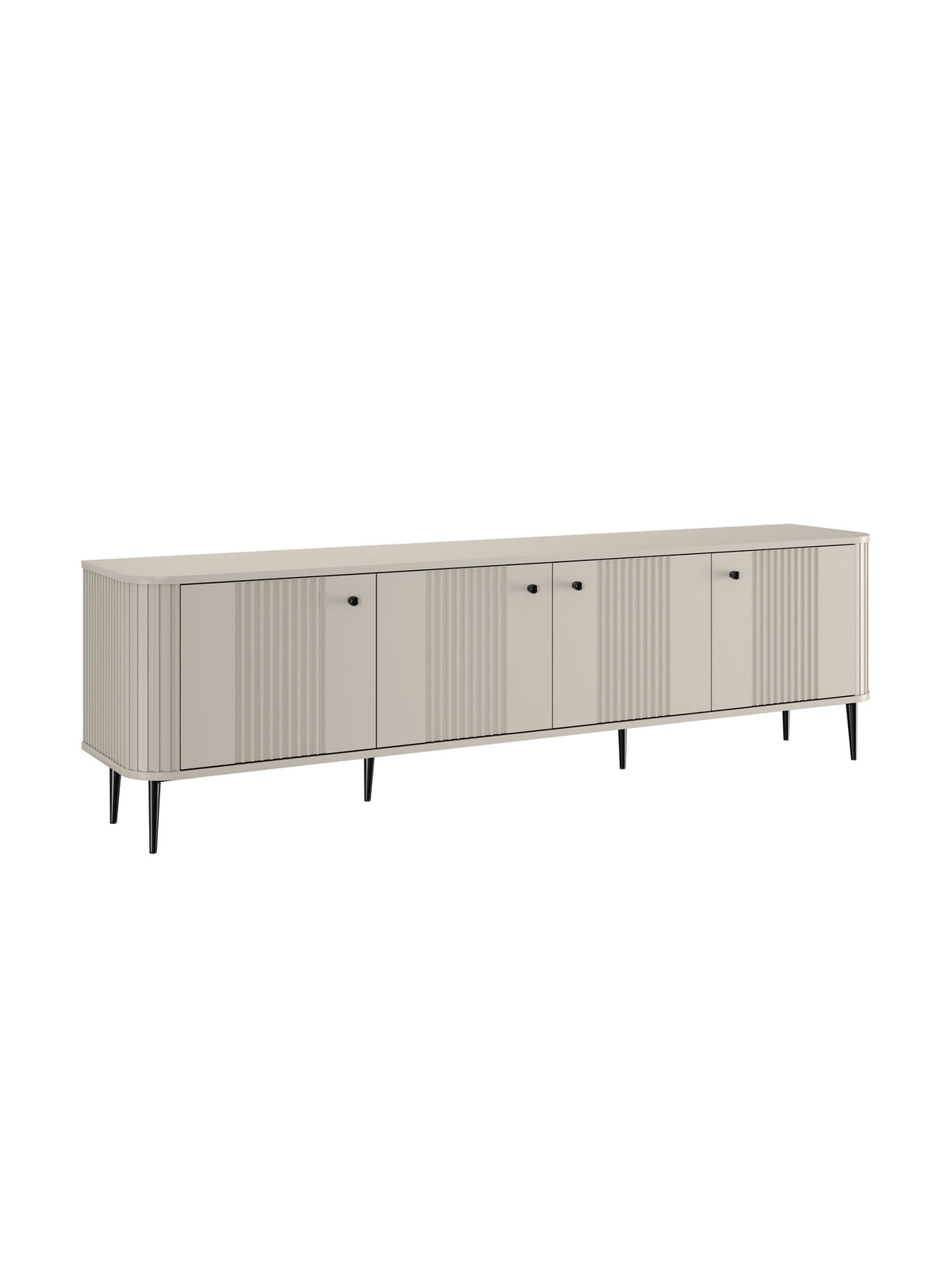 Comodă TV Vesper 4D 187 cm casmir cu picioare negre și fronturi canelate