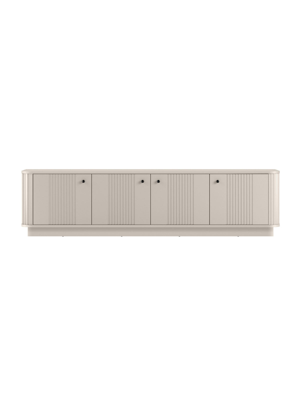 Comodă RTV Vesper 4D 187 cm casmir cu mânere negre metalice și fronturi refiletate pe soclu