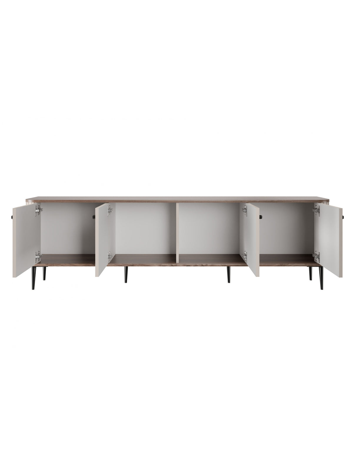 Comodă TV Vesper 4D 187 cm casmir cu blat nuc și picioare negre, uși deschise