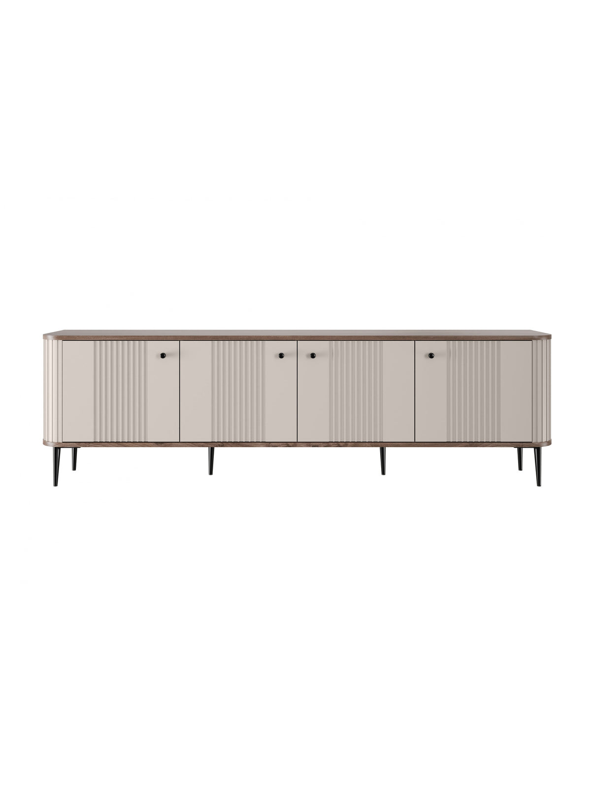 Comodă RTV Vesper 4D 187 cm cashmere fa nuc front fa striat picioare negre vedere frontală