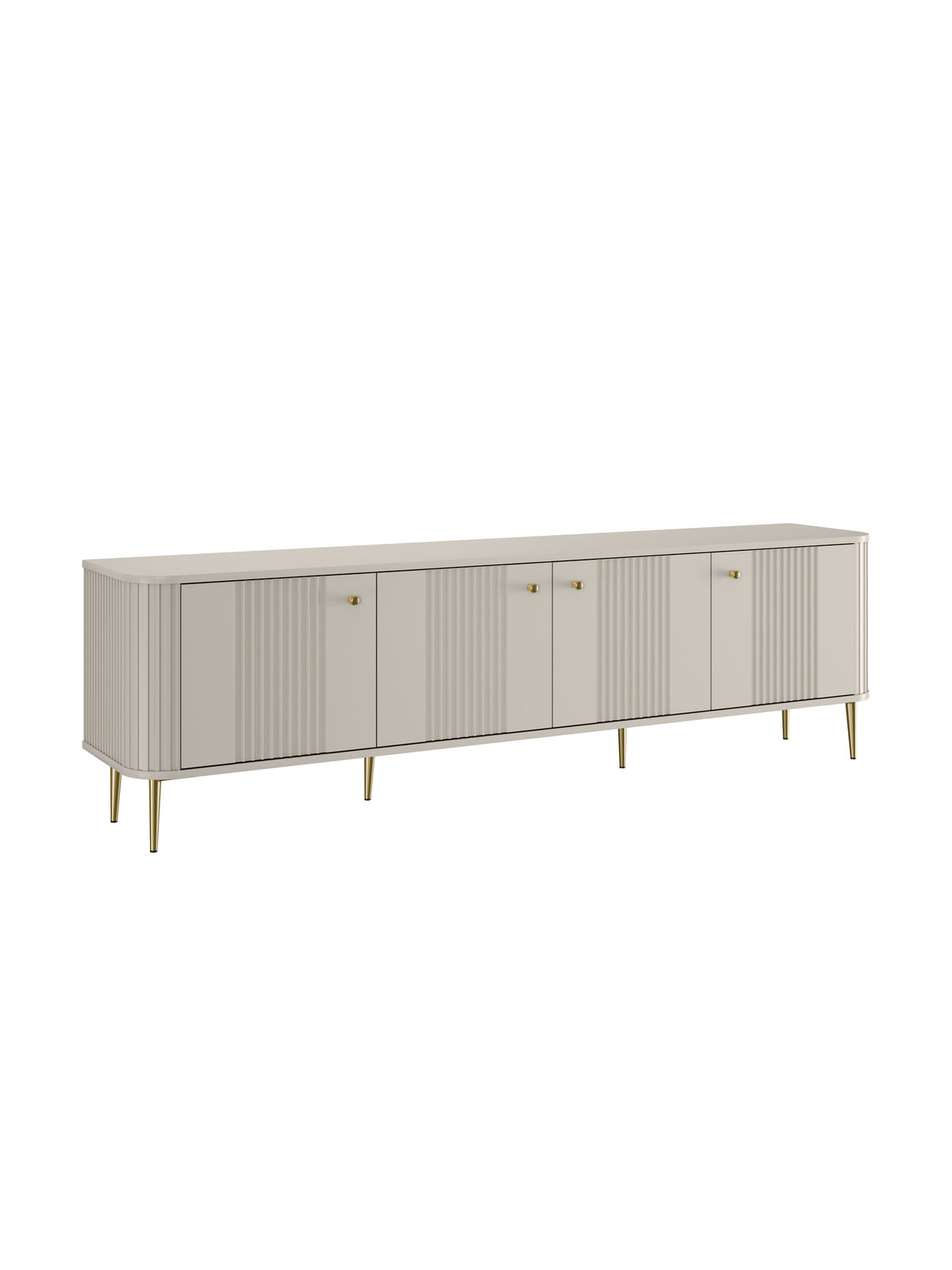 Comodă TV Vesper 4D 187 cm cashmere cu fronturi striate și picioare aurii vedere laterală