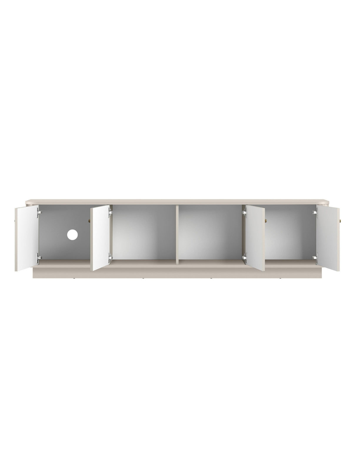 Comodă TV Vesper 4D casmir cu fronturi striate și mânere aurii, vedere interior deschis