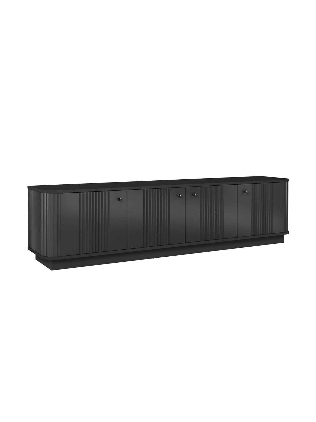 Comodă TV neagră Vesper 4D cu uși rigate și mânere negre, 187 cm, pe soclu