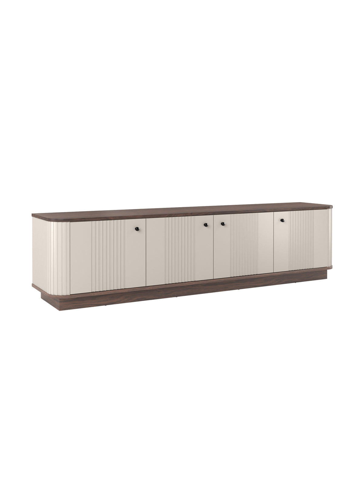 Comodă RTV Vesper 4D 187 cm casmir cu blat nuc și mânere negre