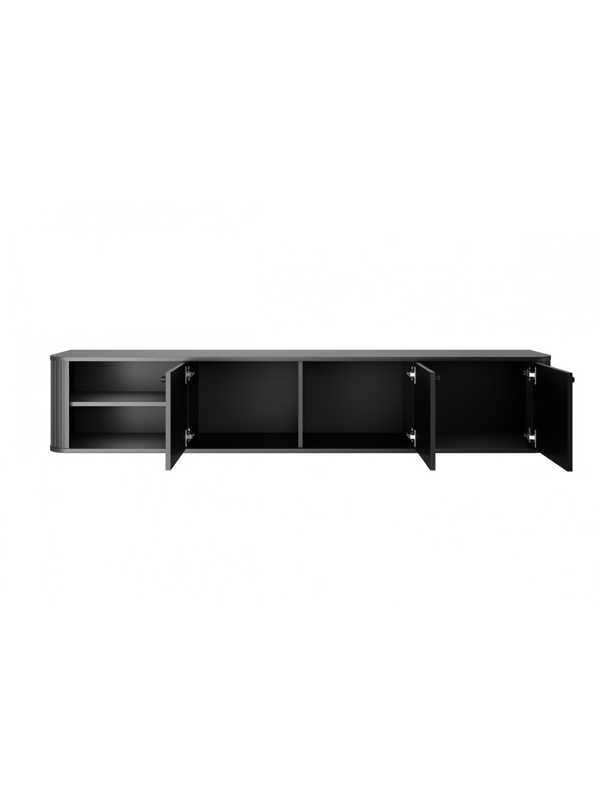 Szafka RTV wisząca Vesper 187 cm trzydrzwiowa czarna z czarnymi uchwytami, widok otwartych drzwi