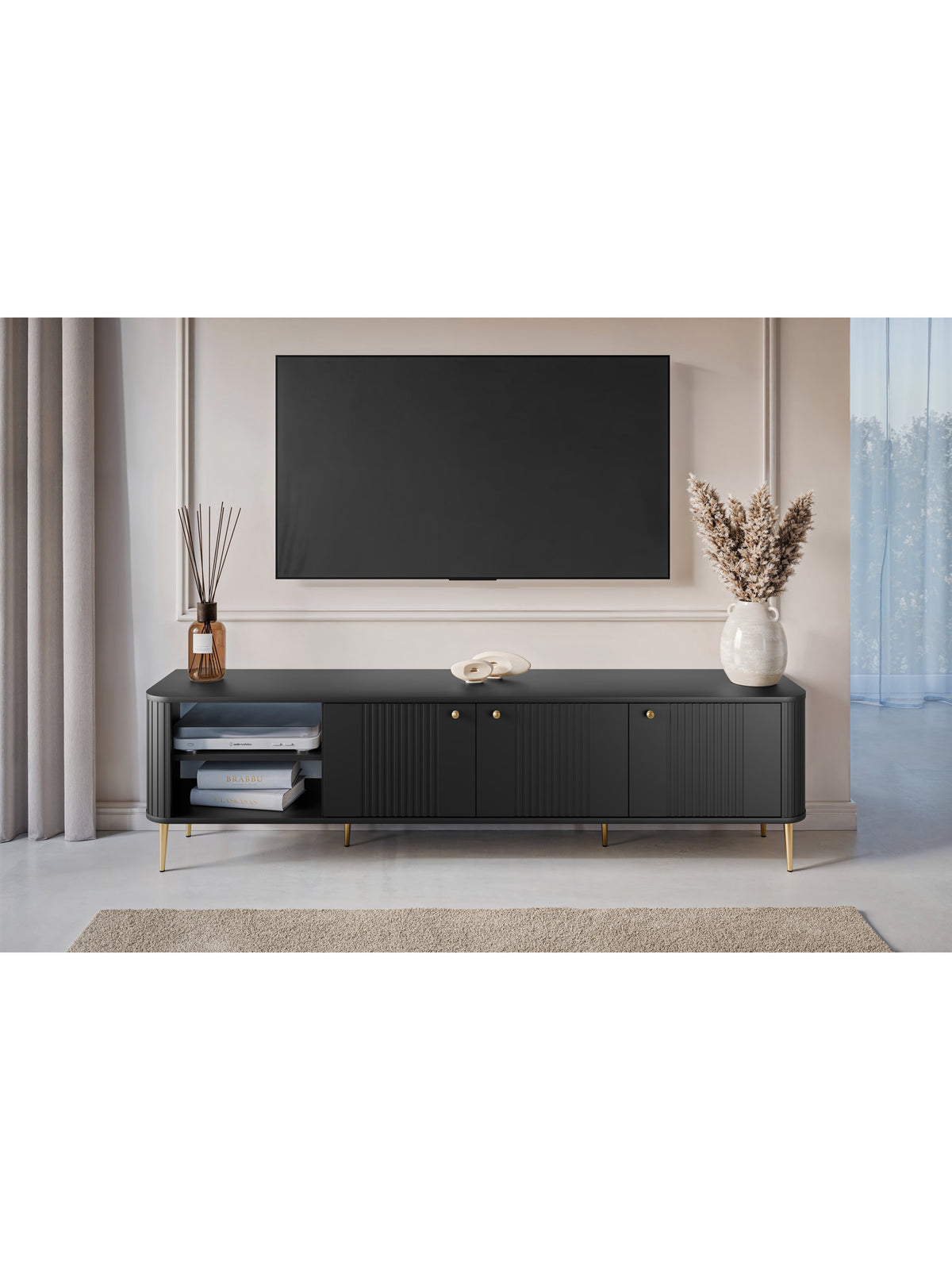 Comodă TV Vesper 3D 187 cm negru mat cu front striat și picioare aurii
