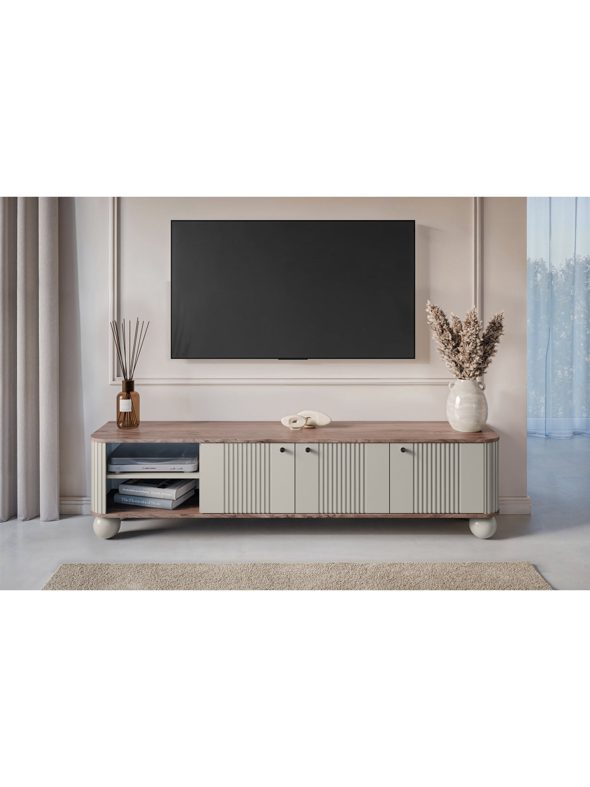 Comodă RTV Vesper 187 cm cu trei uși, culoare kasmír, blat nuc și mânere negre