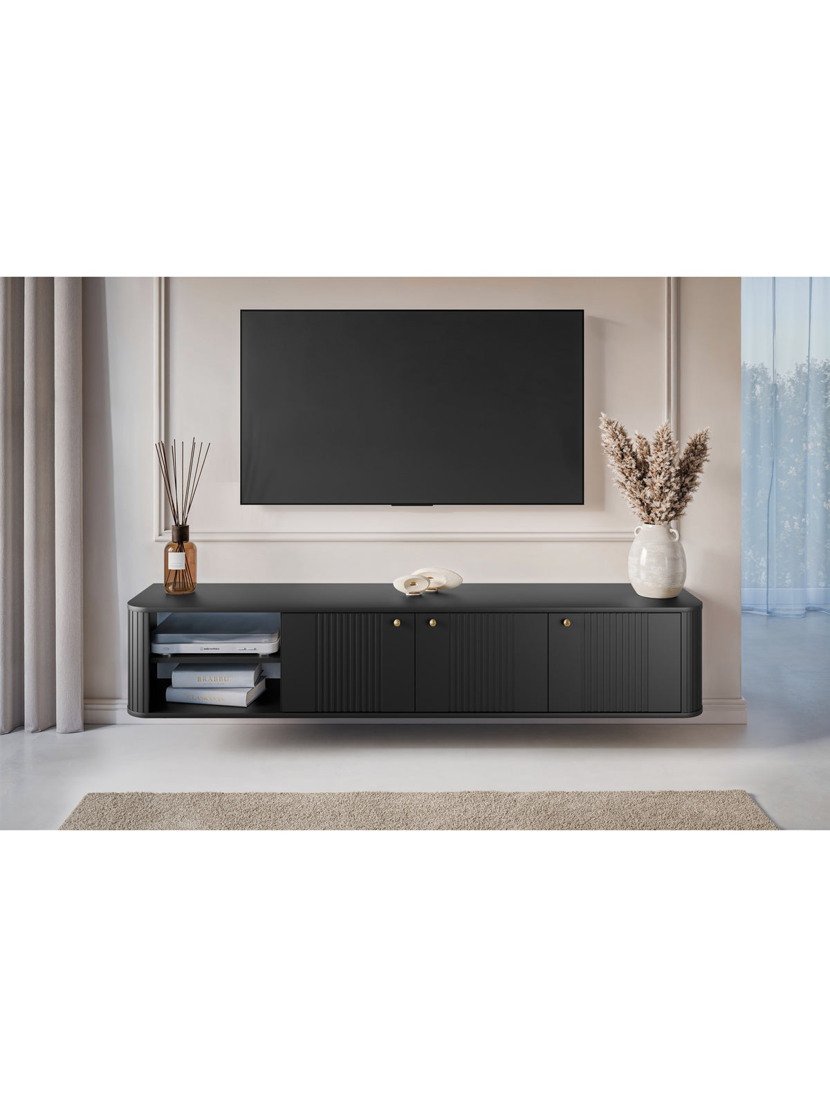 Dulap TV suspendat Vesper 187 cm negru mat cu 3 uși și mânere aurii, vedere frontală