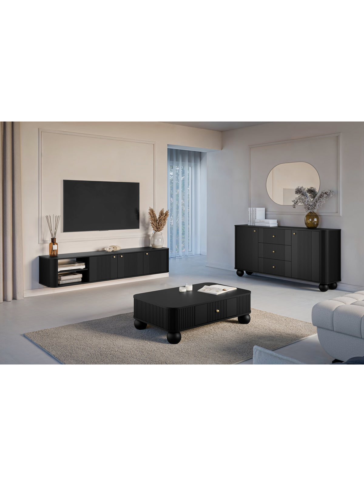 Comodă TV suspendată Vesper 187 cm negru mat trei uși cu mânere aurii vedere frontală