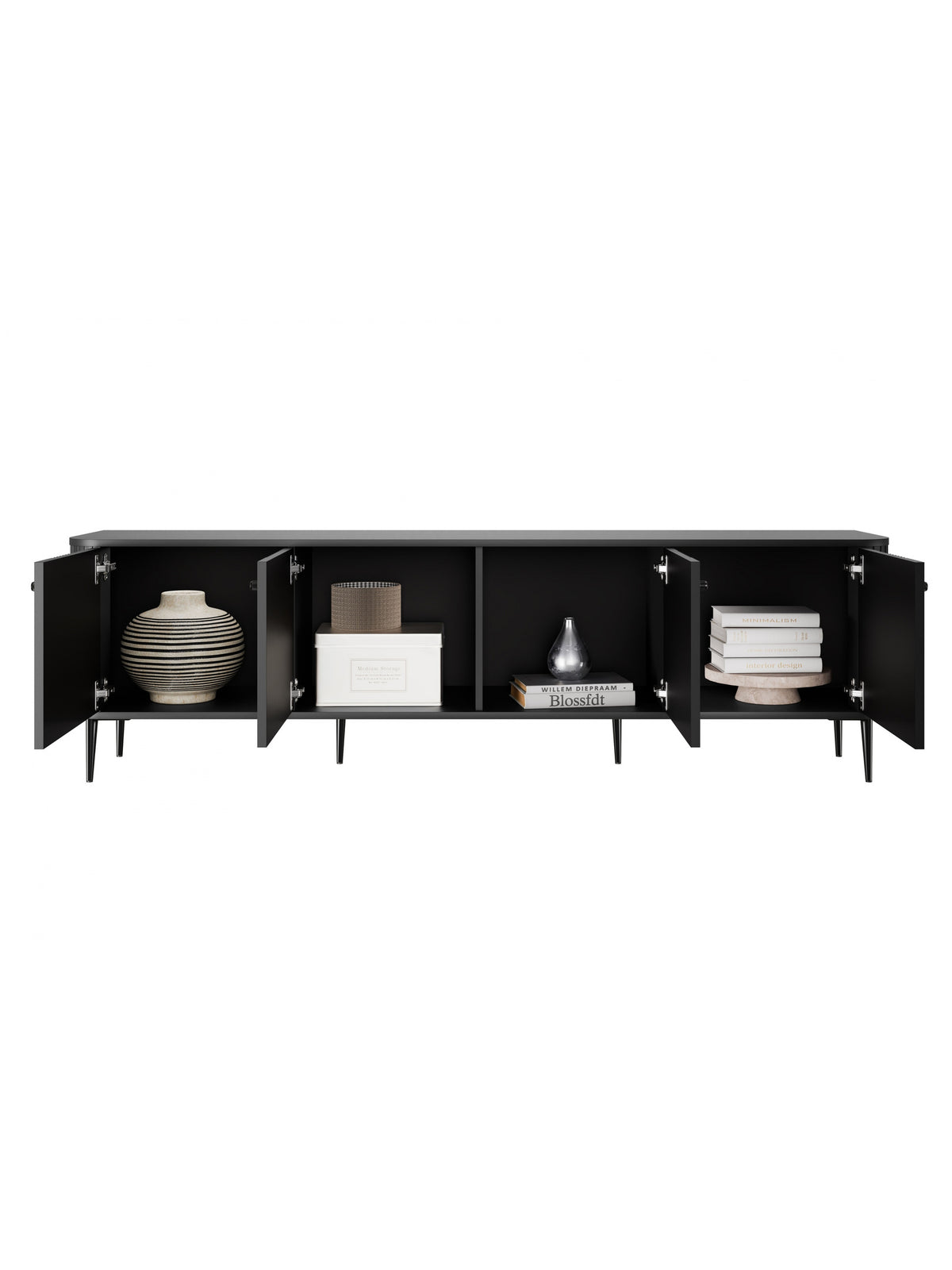Comodă TV neagră Vesper 4D 187 cm cu fronturi striate și picioare metalice negre, vedere interior