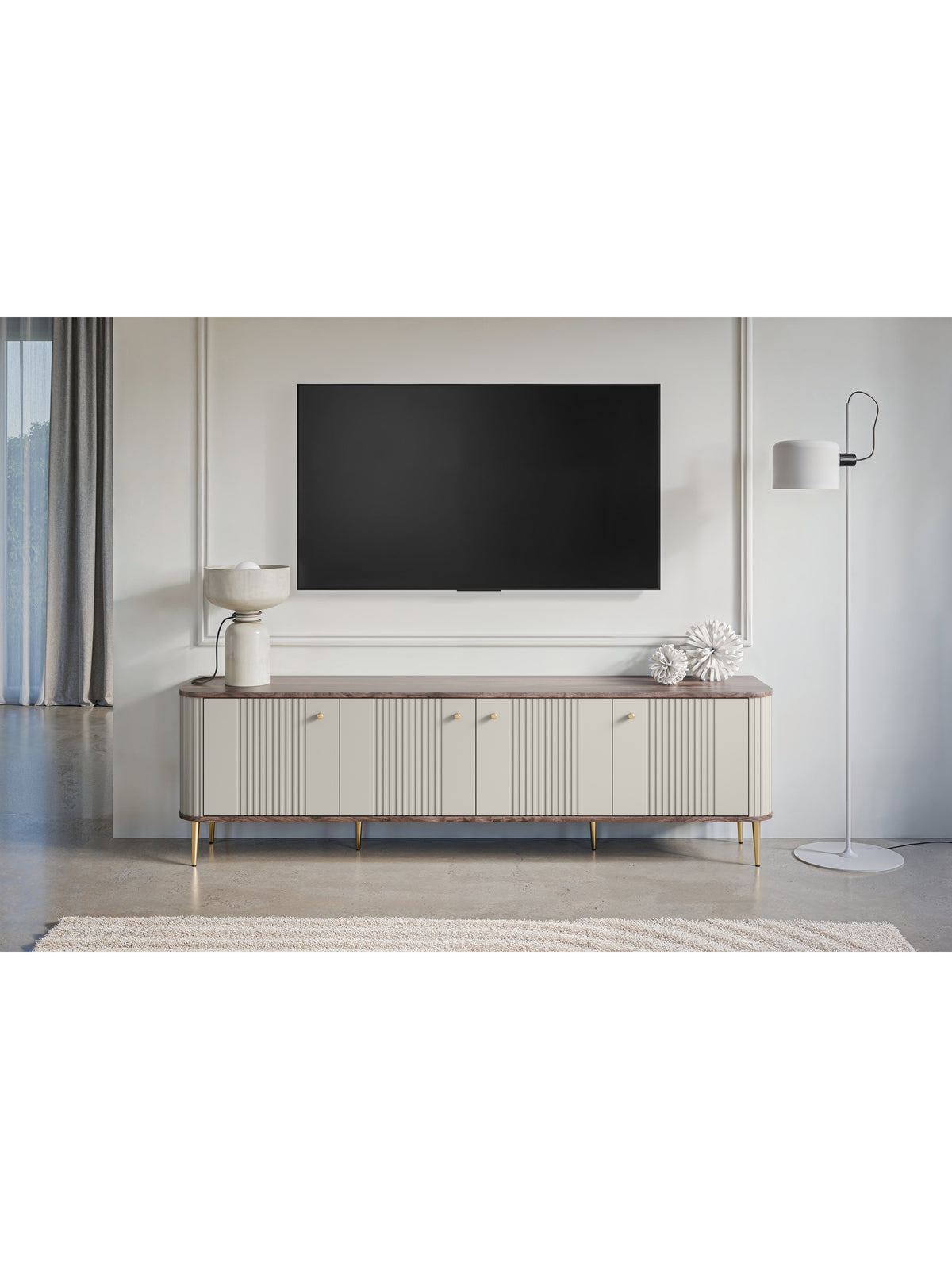 Comodă TV Vesper 4D 187 cm casmir cu fronturi rigate și picioare drepte aurii