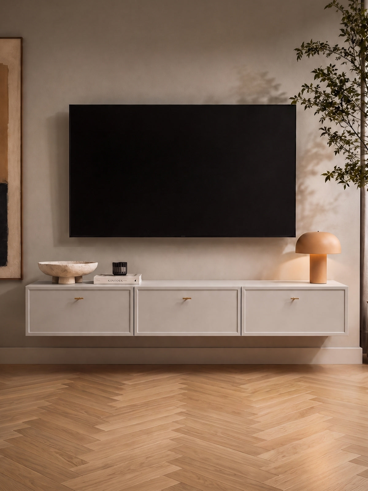 Comodă TV suspendată Lorini 200 cm casmir cu două sertare și mânere aurii T-bar