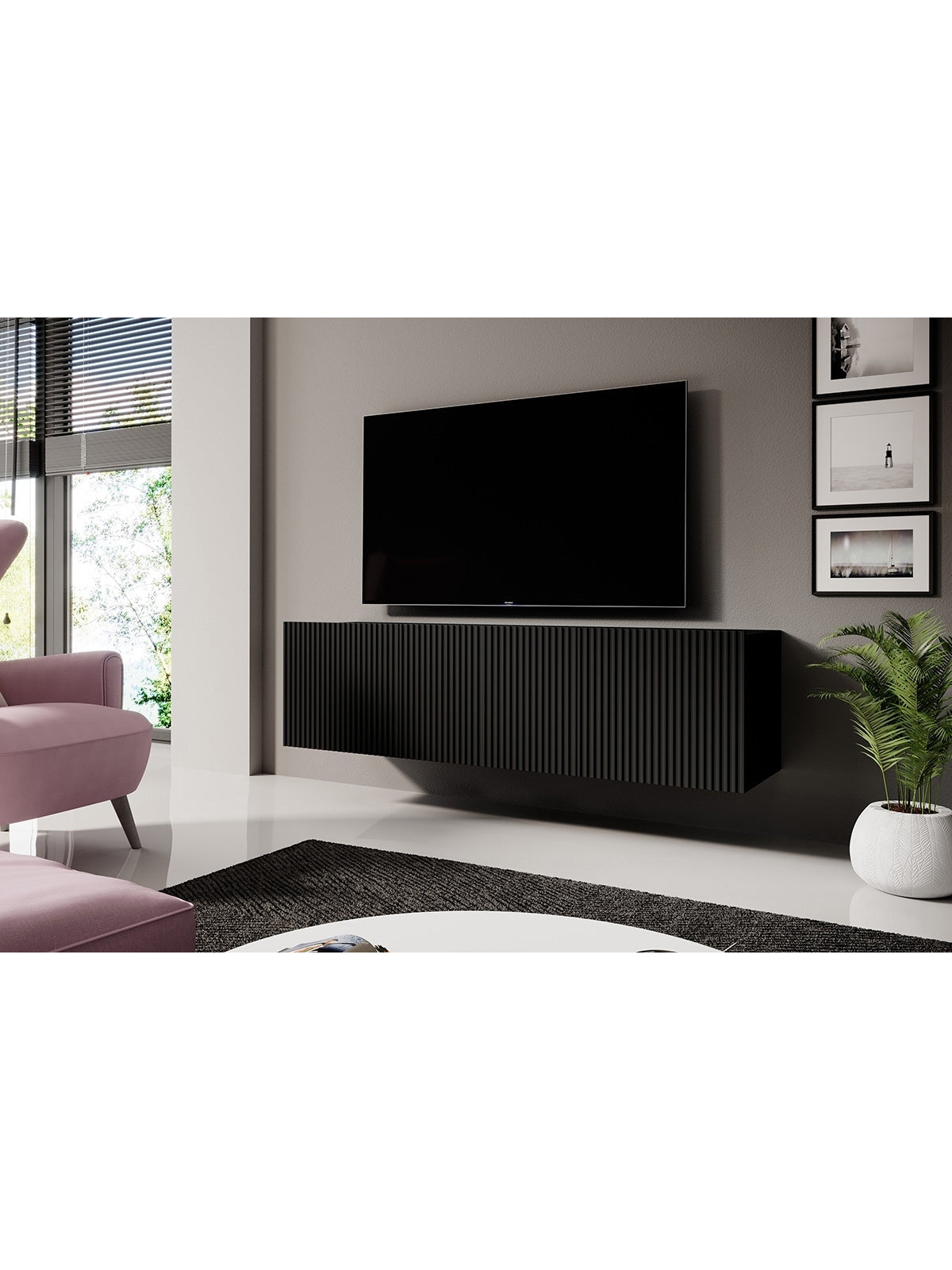Dulap TV suspendată Nicole 150 cm cu sertar - negru / negru mat
