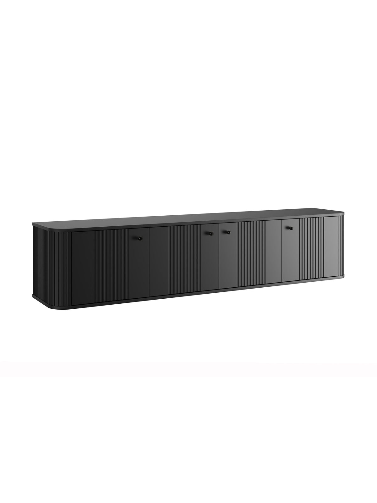 Comodă TV suspendată Vesper 4D 187 cm negru mat cu fronturi canelate și mânere negre