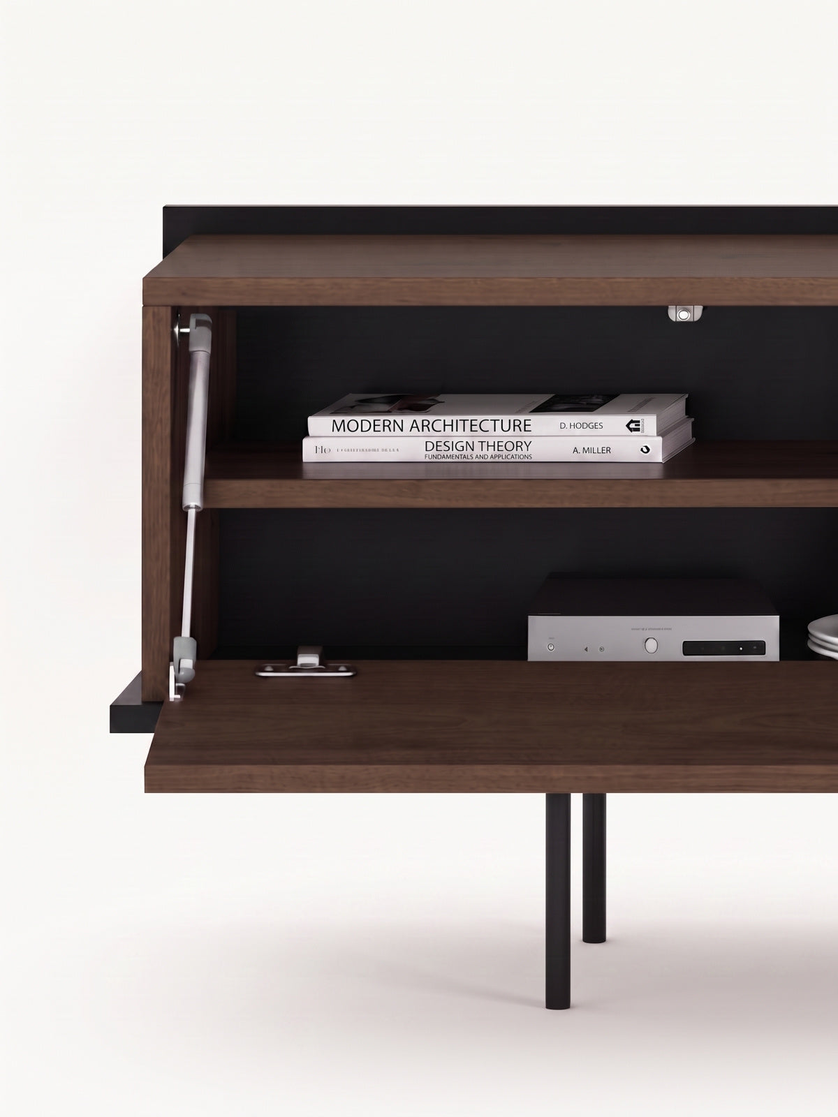 Comodă TV Zenar 200 cm nuc elegant cu ușă deschisă și picioare metalice negre
