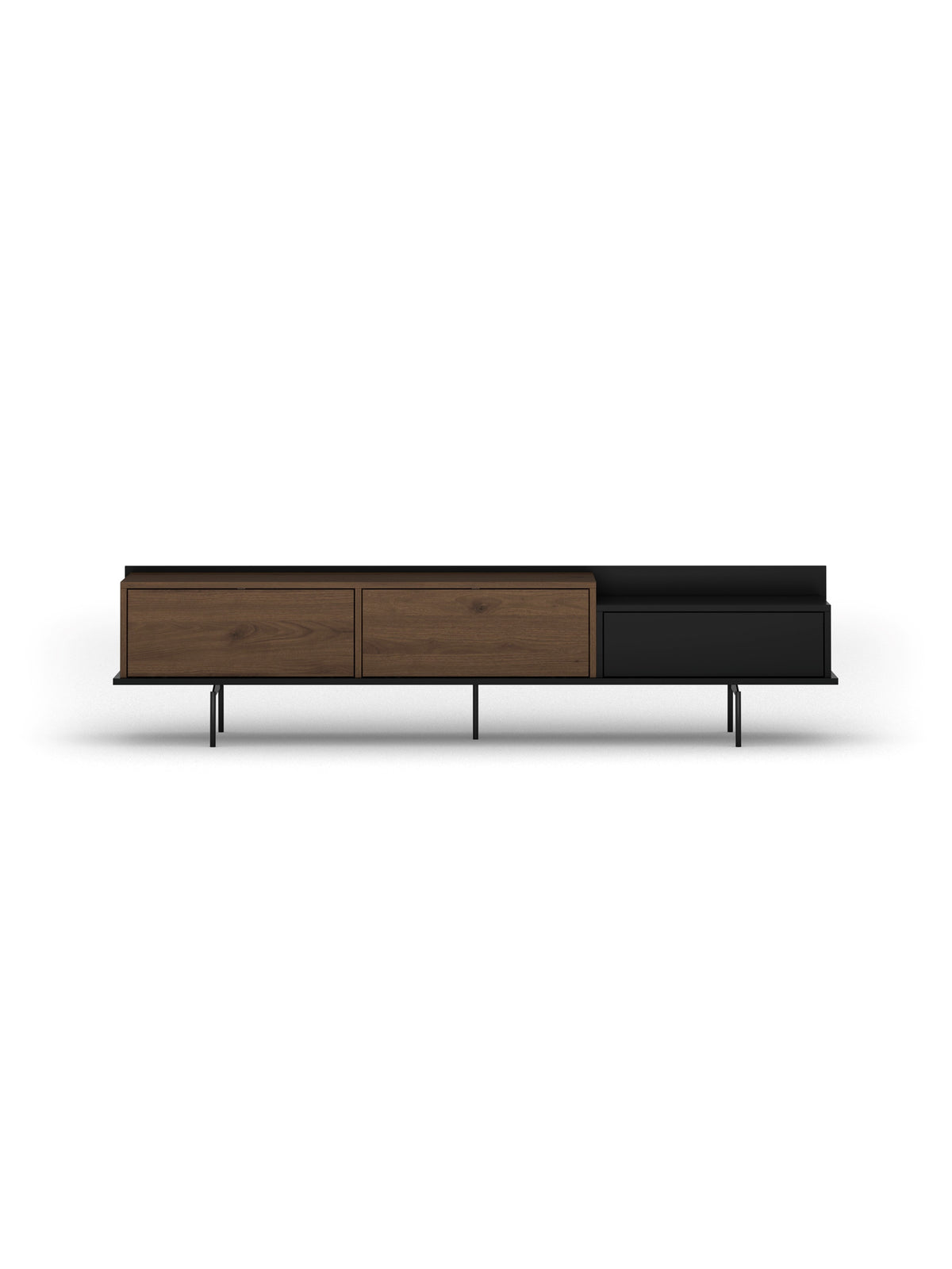 Comodă TV Zenar 200 cm orzech elegant cu picioare metalice negre și sertar, vedere frontală