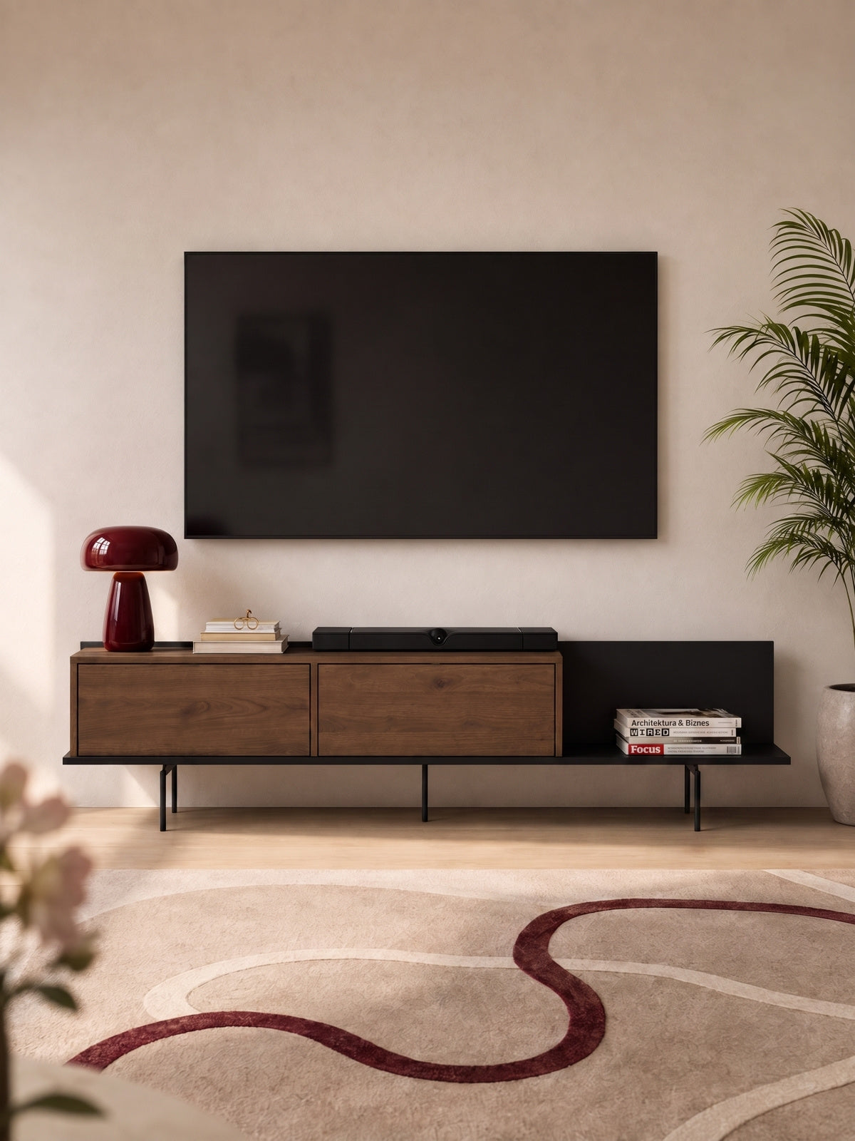 Comodă TV Zenar 200 cm culoare orzech elegant cu picioare metalice negre