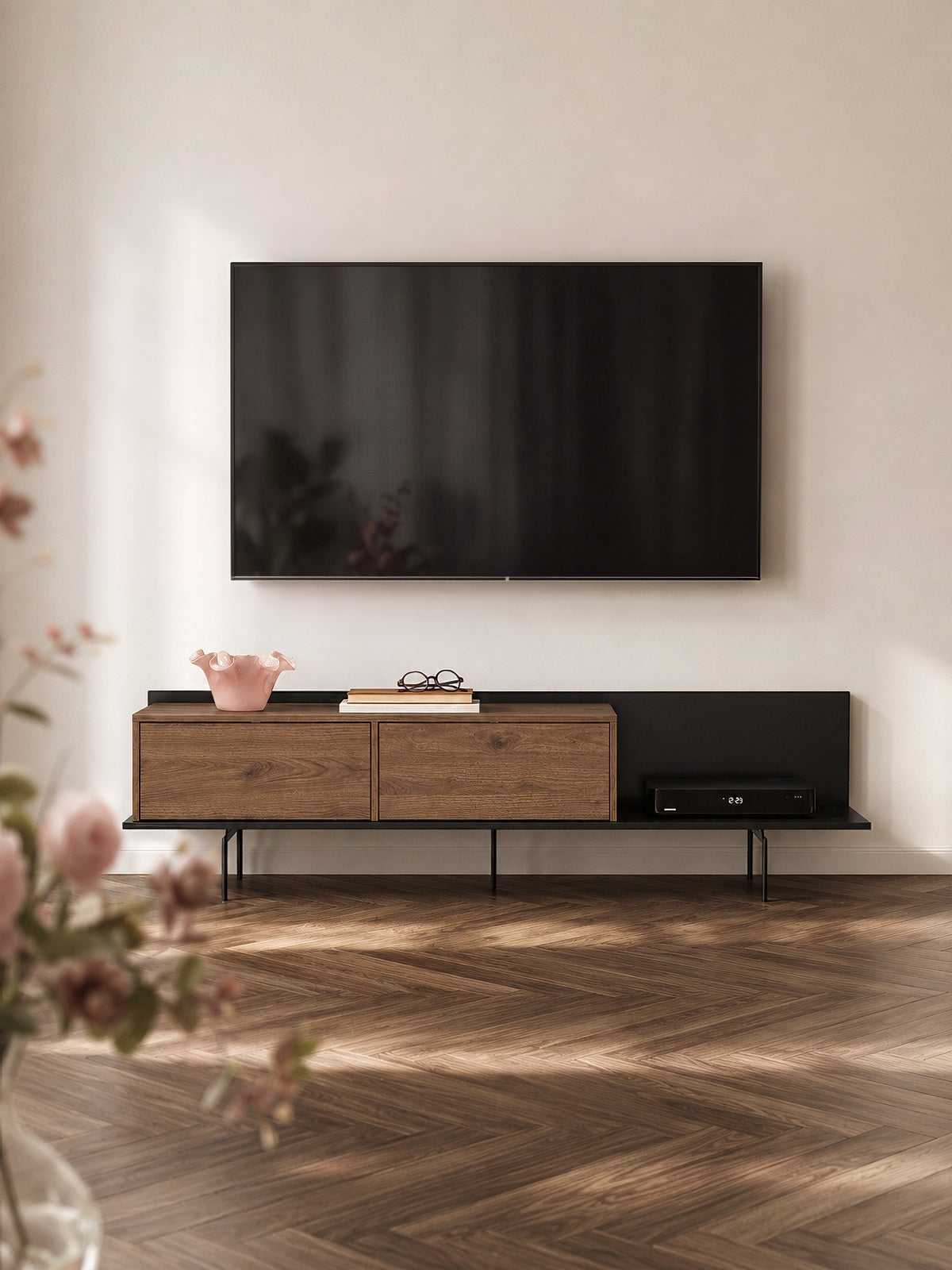 Comodă TV Zenar 200 cm cu picioare metalice negre, front orzech elegant, stil modern