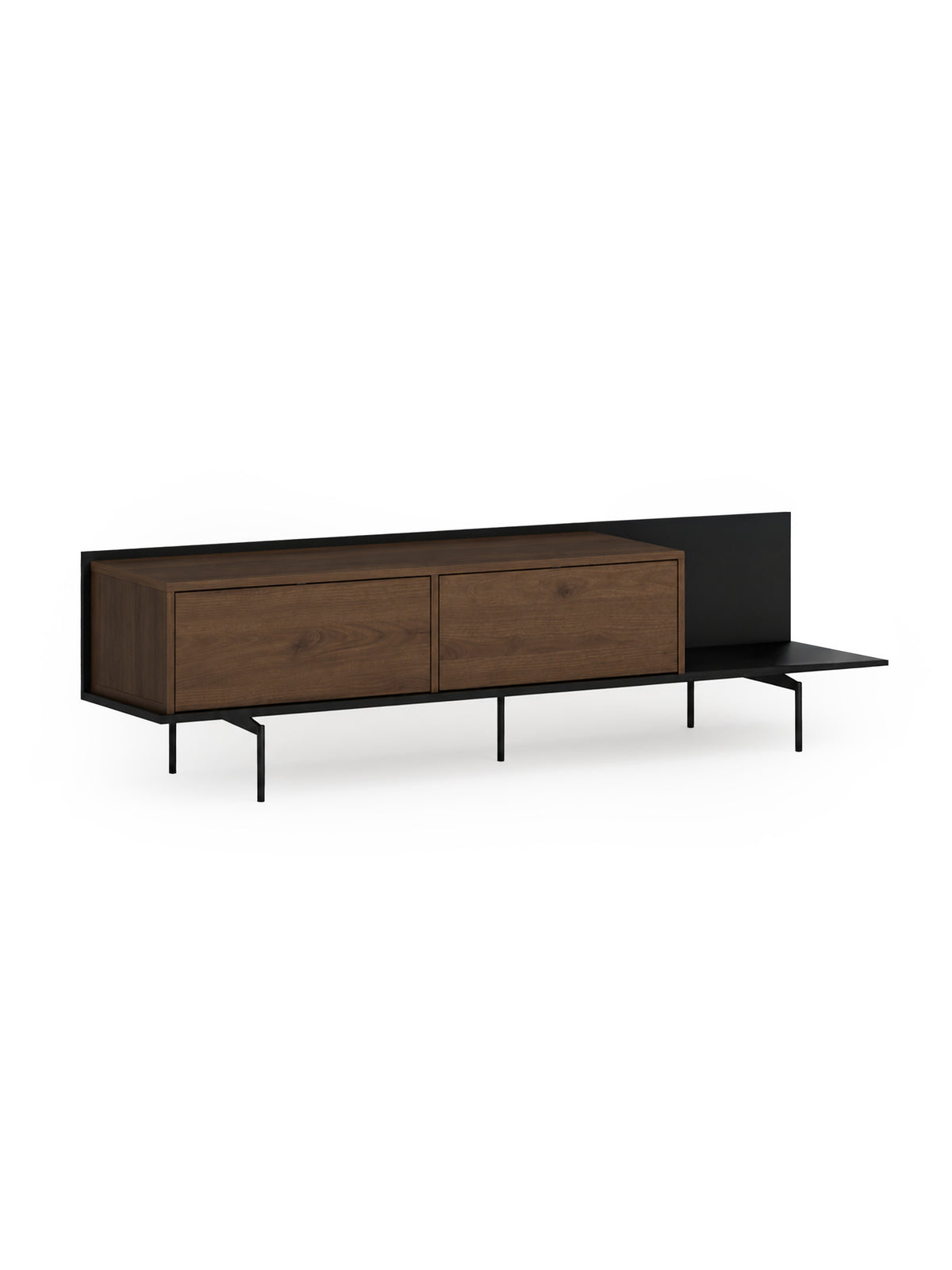 Comodă TV Zenar 200 cm culoare orzech elegant cu picioare metalice negre, vedere frontală