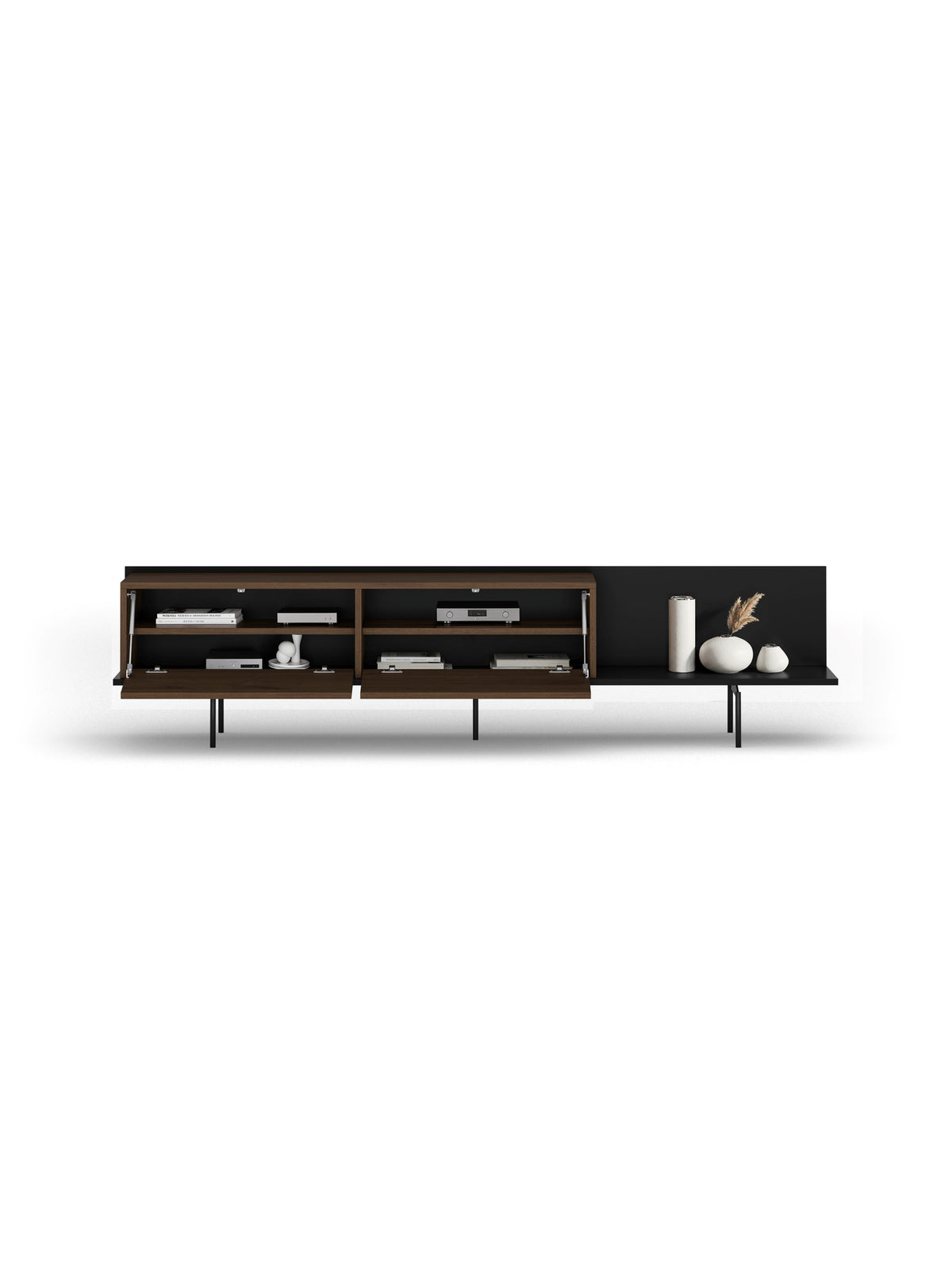 Comodă TV Zenar 200 cm cu picioare metalice, culoare orzech elegant și negru