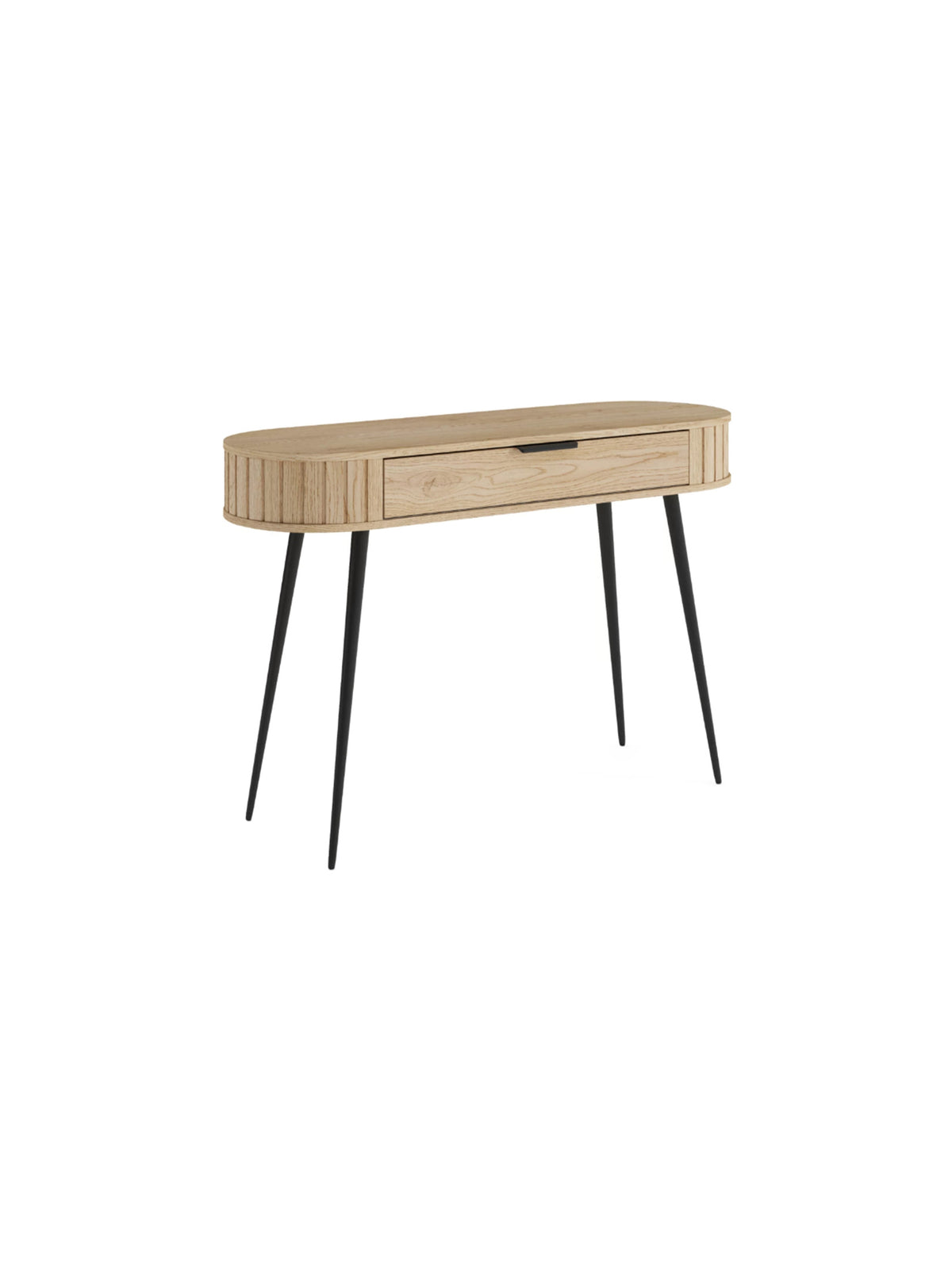 Măsuță de toaletă Luvio 120 cm cu un sertar, finisaj stejar cremona, picioare metalice negre, front cu textură