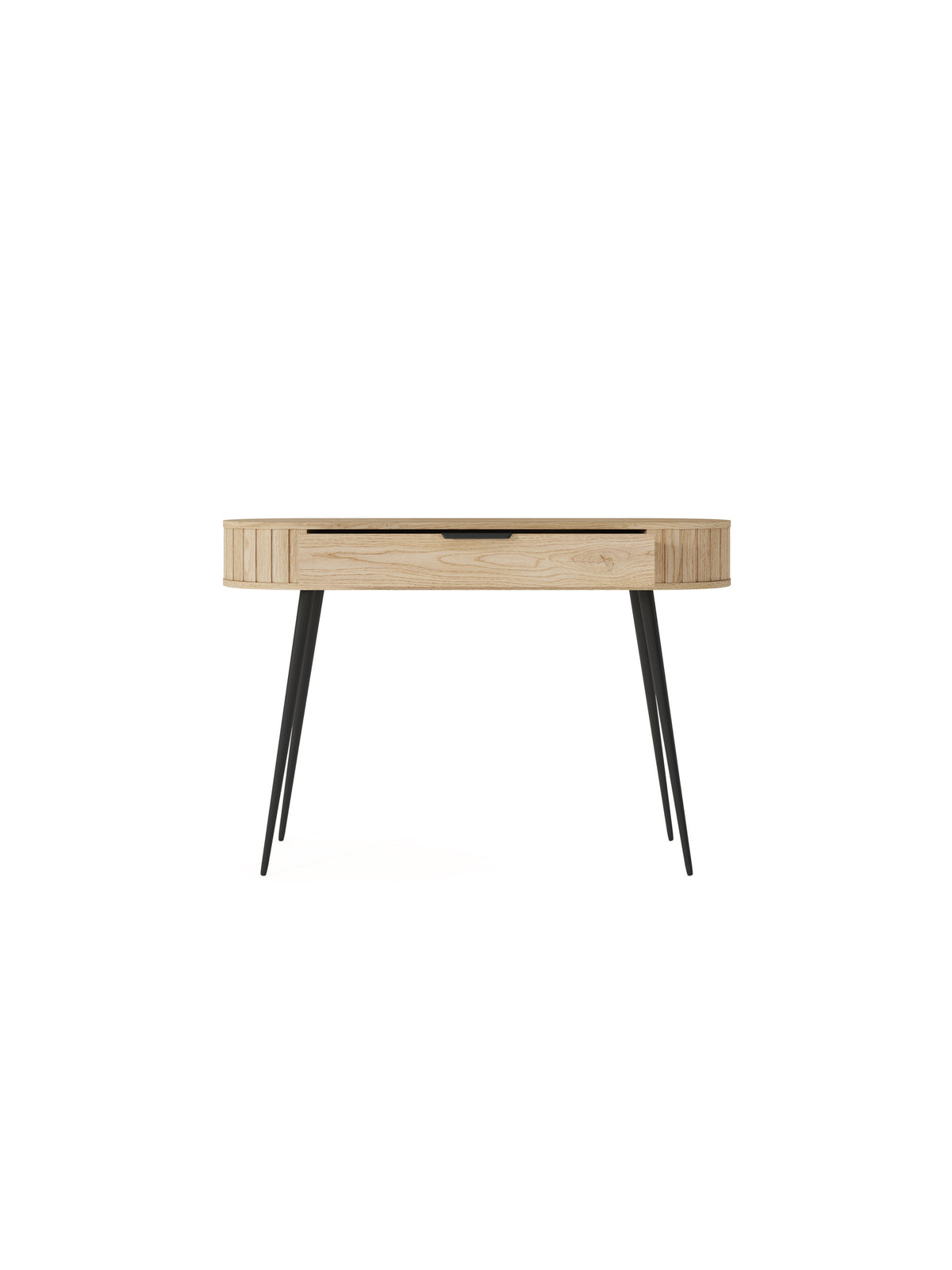 Masă de toaletă Luvio 120 cm cu sertar, culoare dąb cremona, picioare metalice negre, front canelat