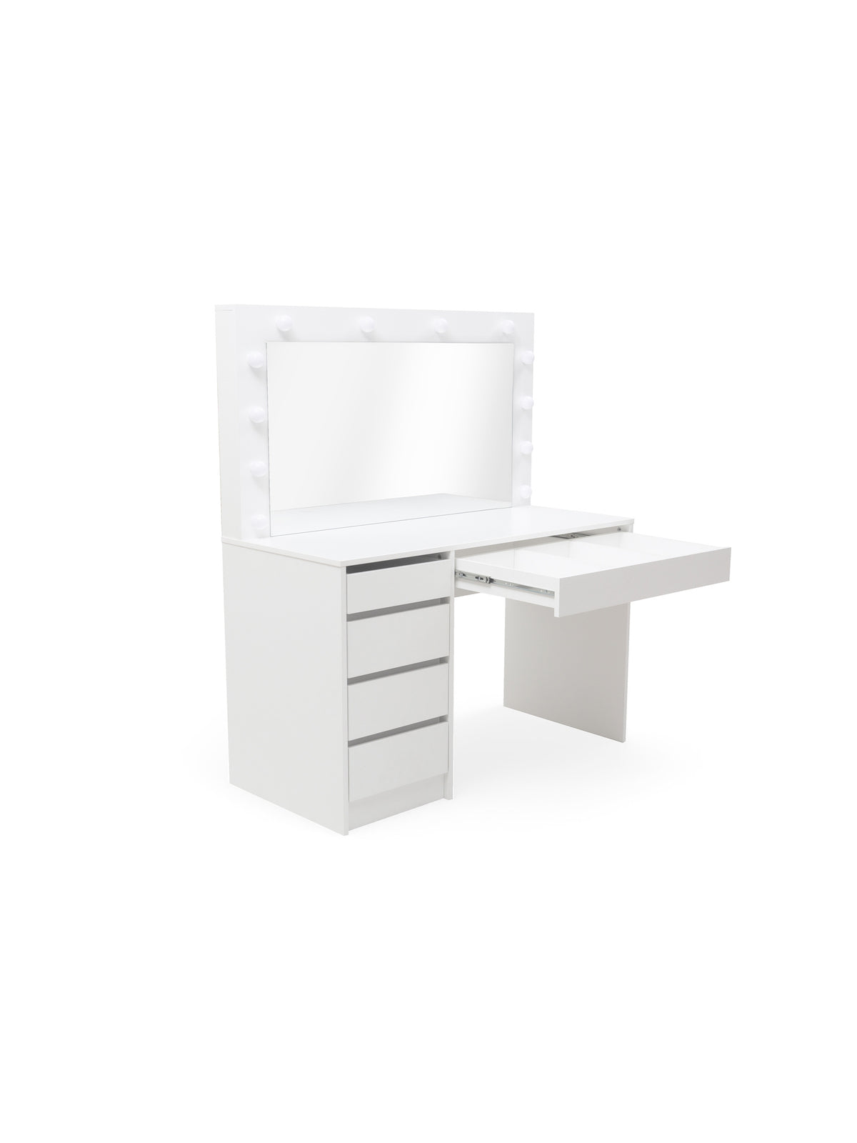 Masa de toaletă albă Velinio XL 120 cm cu 5 sertare, iluminare LED și oglindă