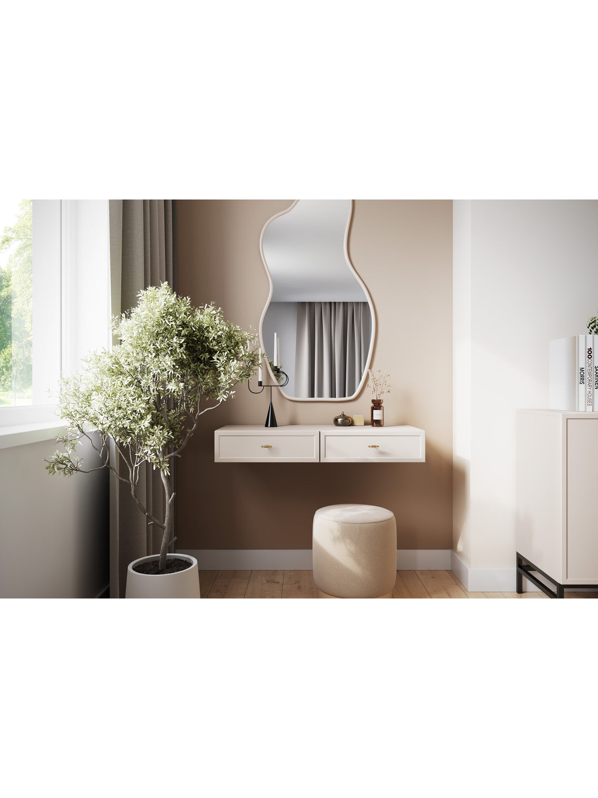 Toaletă suspendată Lorini 100 cm casmir cu două sertare și mânere aurii T-bar