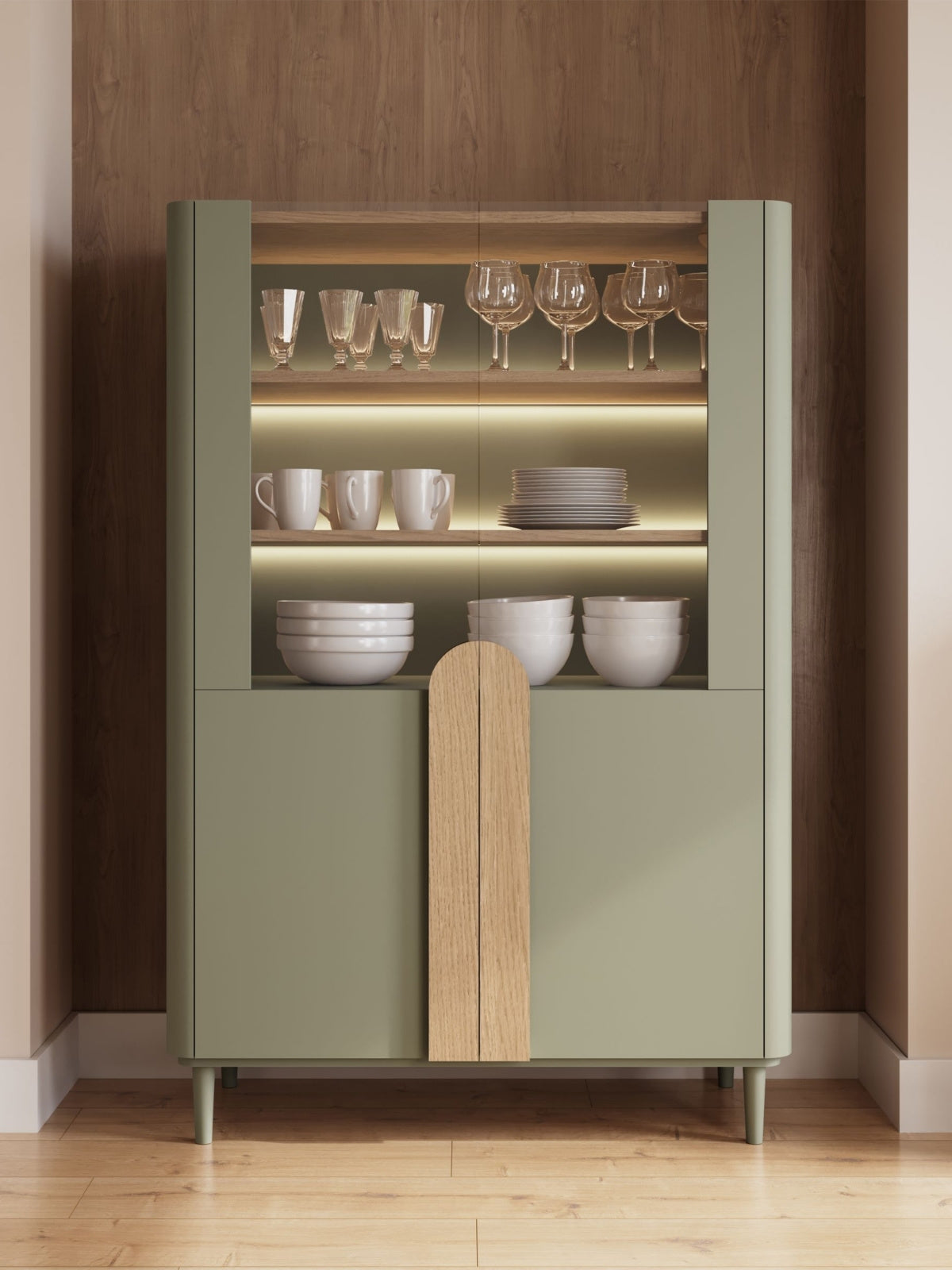 Witryna Amilio 100 cm cu două uși na nozkach - eukaliptus / stejar baltic dune / Mânere stejar natural