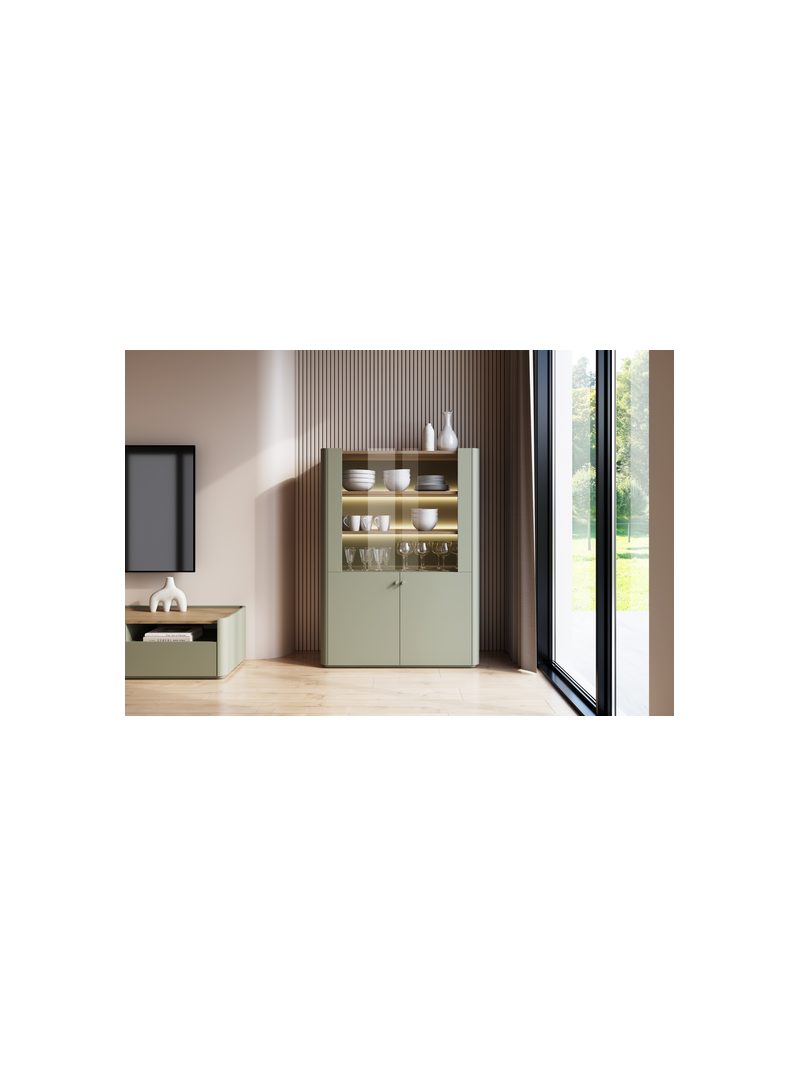 Vitrină Elivo 100 cm cu două uși eucalipt, blat stejar baltic dune și iluminare LED