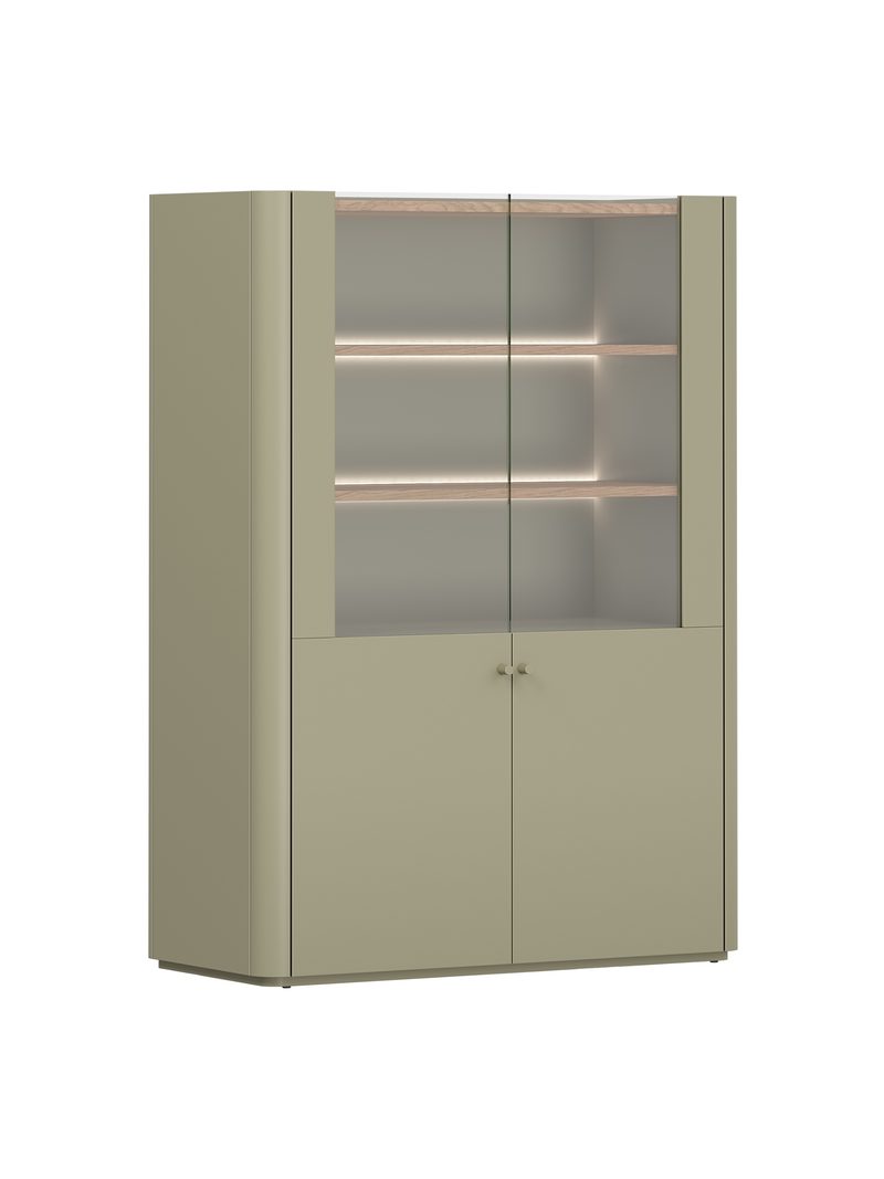 Vitrină Elivo 100 cm cu două uși în culoare eucalipt, blat stejar baltic dune