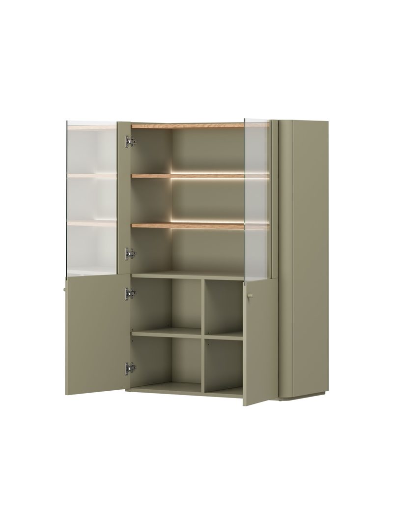 Vitrină Elivo 100 cm cu două uși, culoare eucalipt, blat stejar baltic dune și iluminare LED