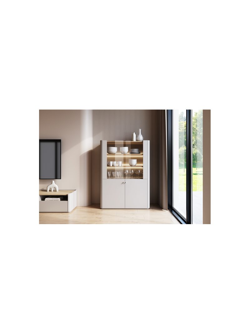 Vitrină Elivo 100 cm cu două uși, culoare cachemir cu blat stejar uleiat, modernă, iluminare LED
