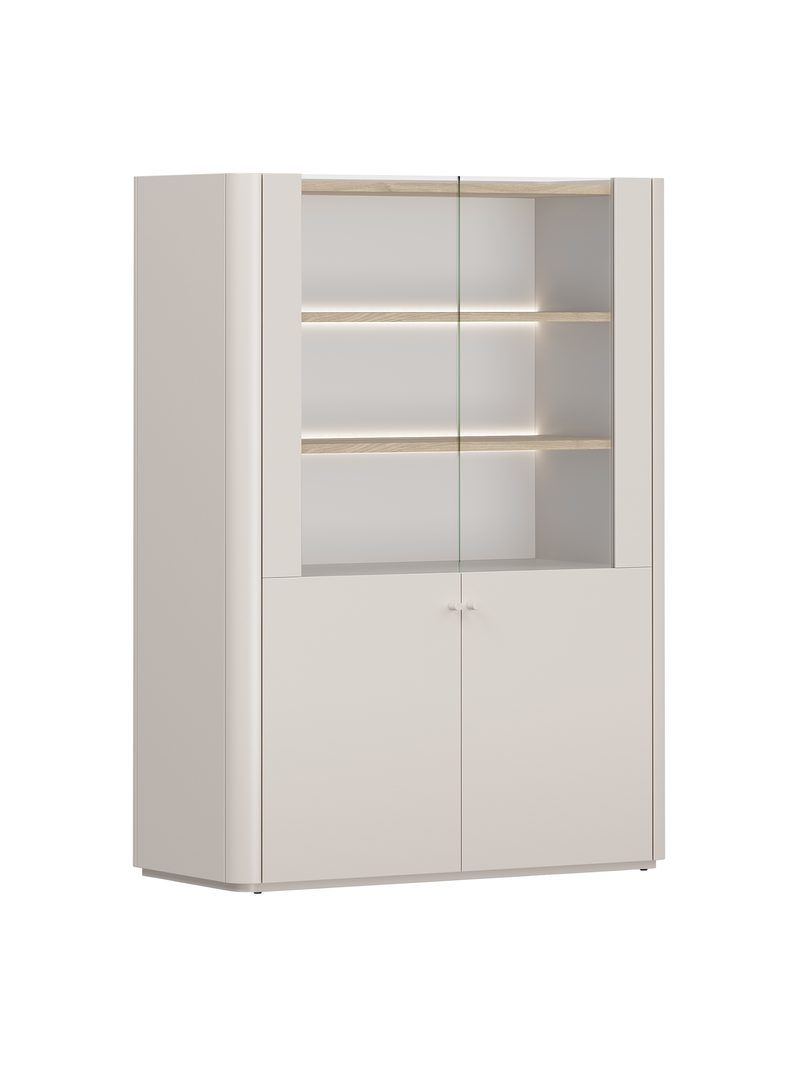 Vitrină Elivo 100 cm cu două uși, culoare cashmere, blat din stejar uleiat, iluminare LED