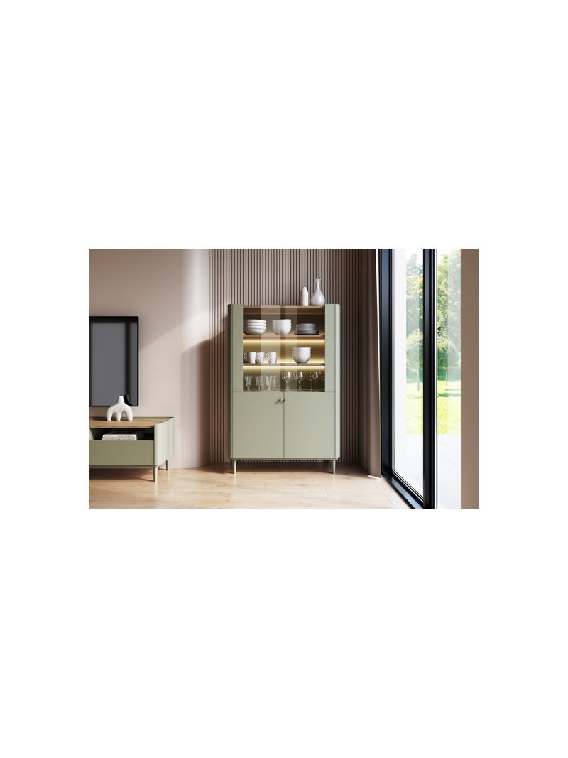 Vitrină Elivo 100 cm cu două uși, culoare măslinie, iluminare LED și blat din stejar baltic dune