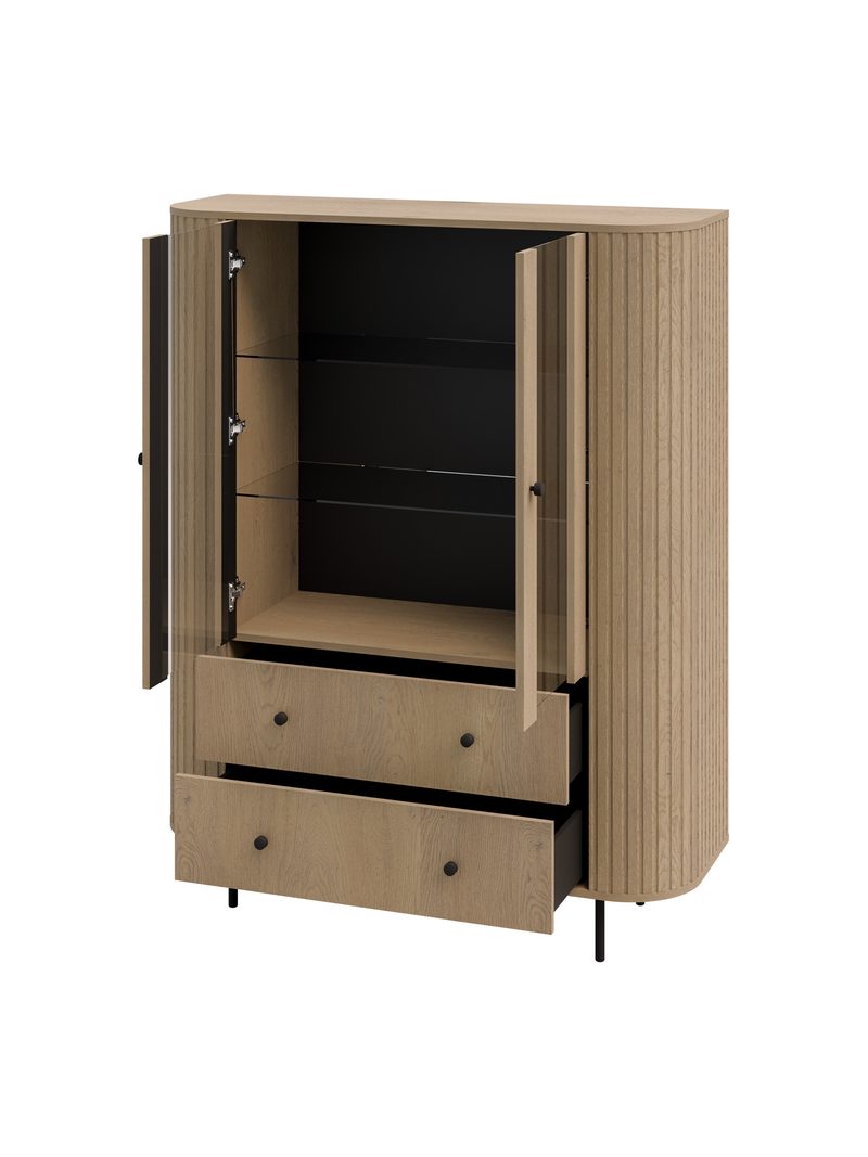 Vitrină Lento 123 cm culoare stejar cremona cu sertare și picioare metalice negre