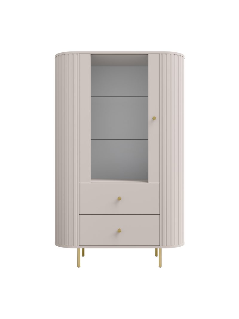 Vitrină Lento 98 cm bej nisip cu două sertare și picioare metalice aurii
