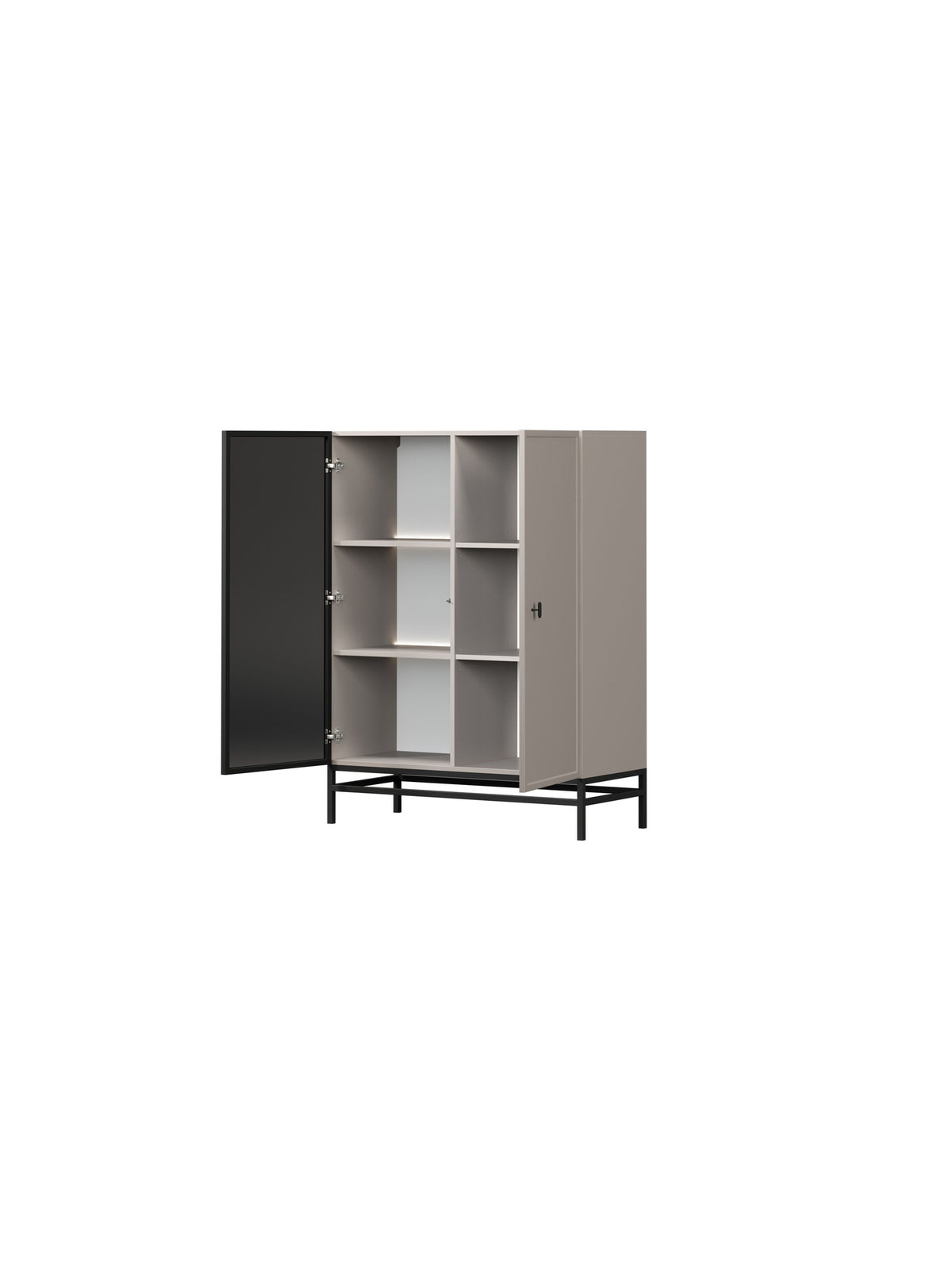 Vitrină Lorini 100 cm cu două uși casmir, mâner negru T-bar și cadru metalic, deschisă