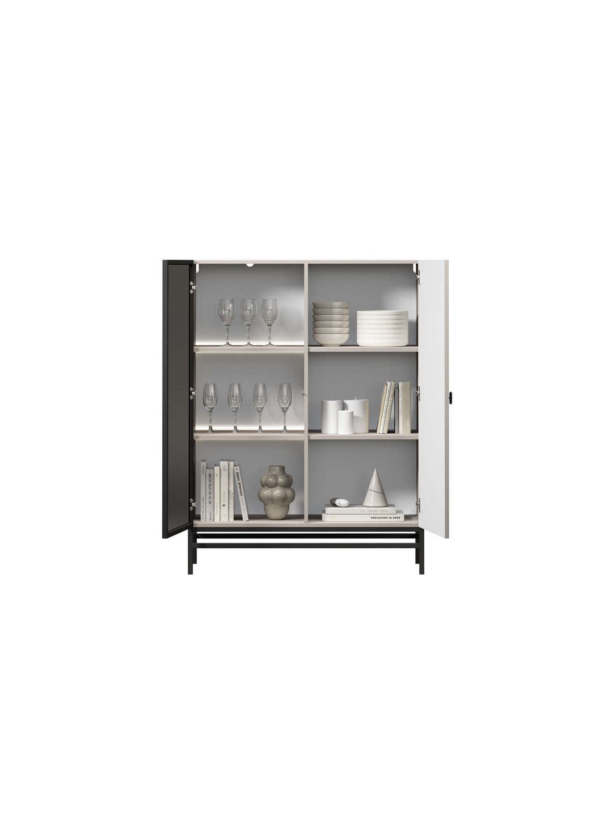 Vitrină Lorini 100 cm două uși casmir cu mâner negru T-bar, vedere interior cu rafturi