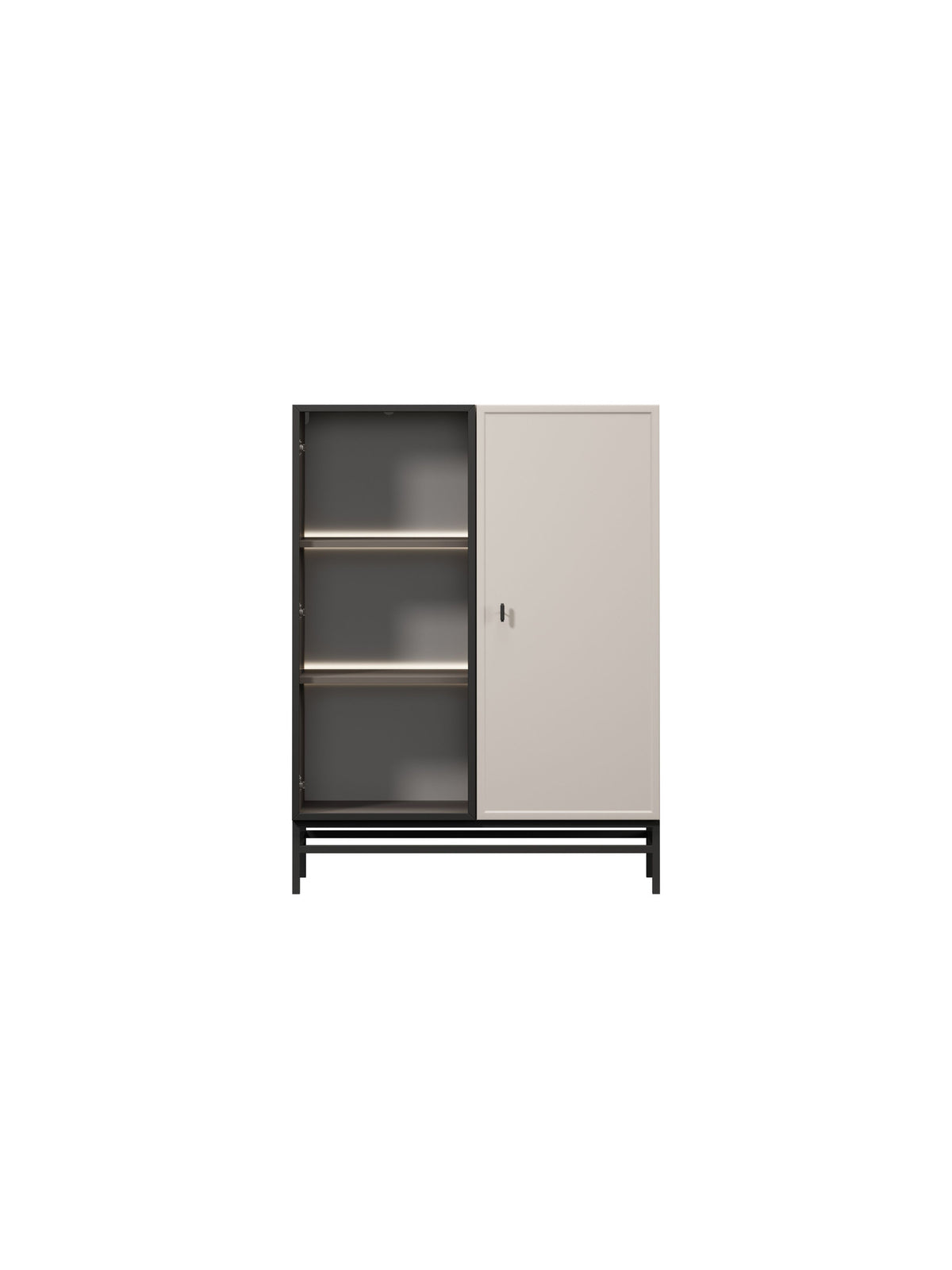 Vitrină Lorini 100 cm cu două uși pe cadru, culoare cashmere, mâner negru T-bar, detaliu față