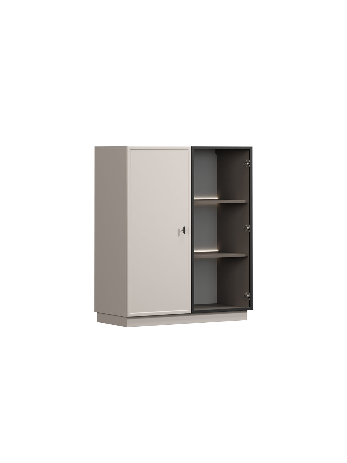 Vitrină Lorini 100 cm cu două uși pe soclu casmir cu mânere negre T-bar