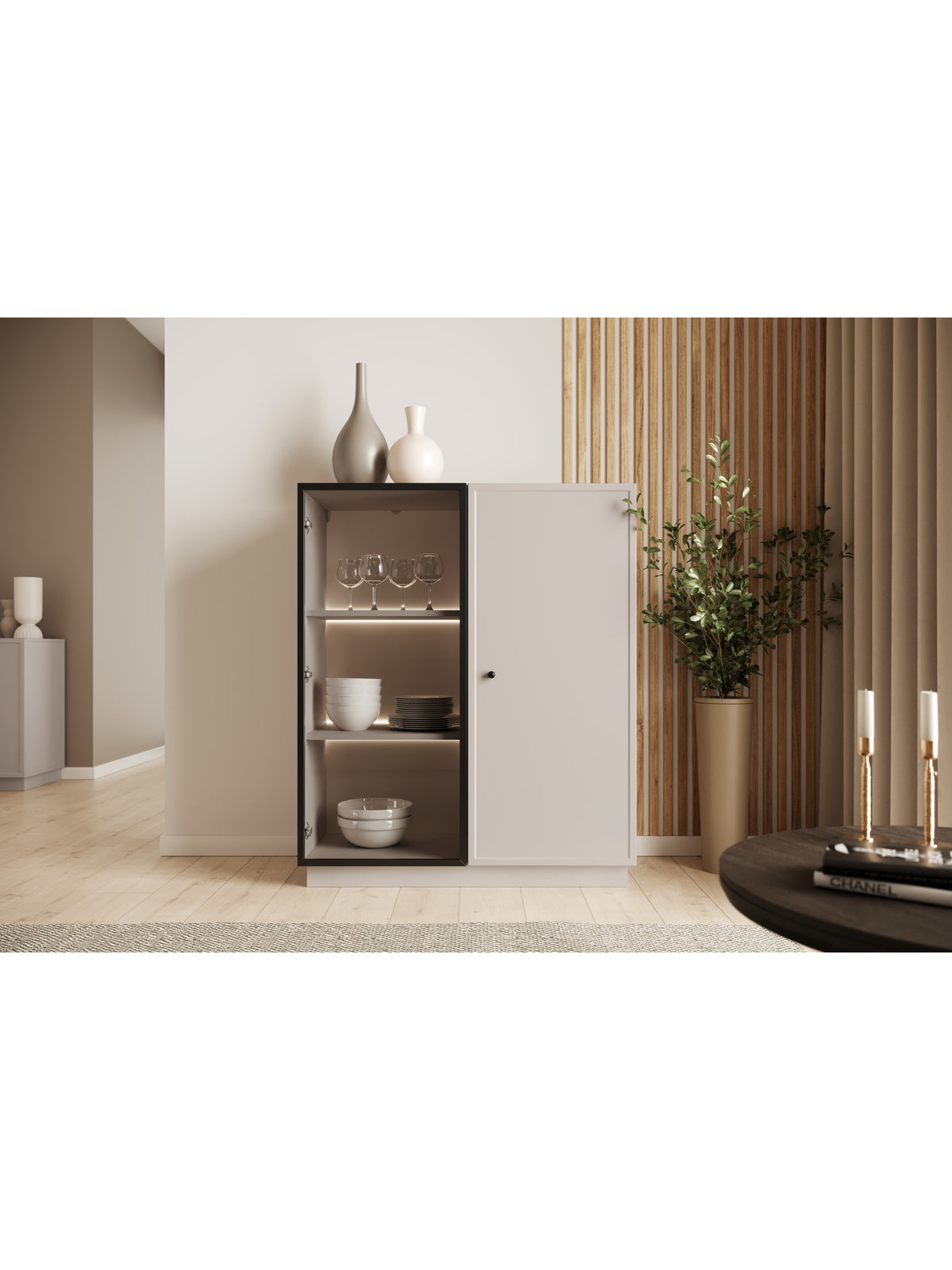 Vitrină Lorini 100 cm cu două uși culoare casmir și mânere negre, vedere față și interior