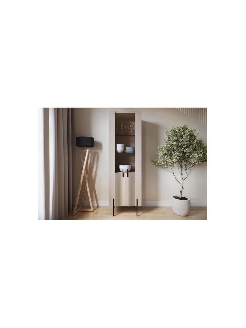 Vitrină Malmi 60 cm cu patru uși, culoare kasmir cu picioare negre, front din sticlă cu model striat