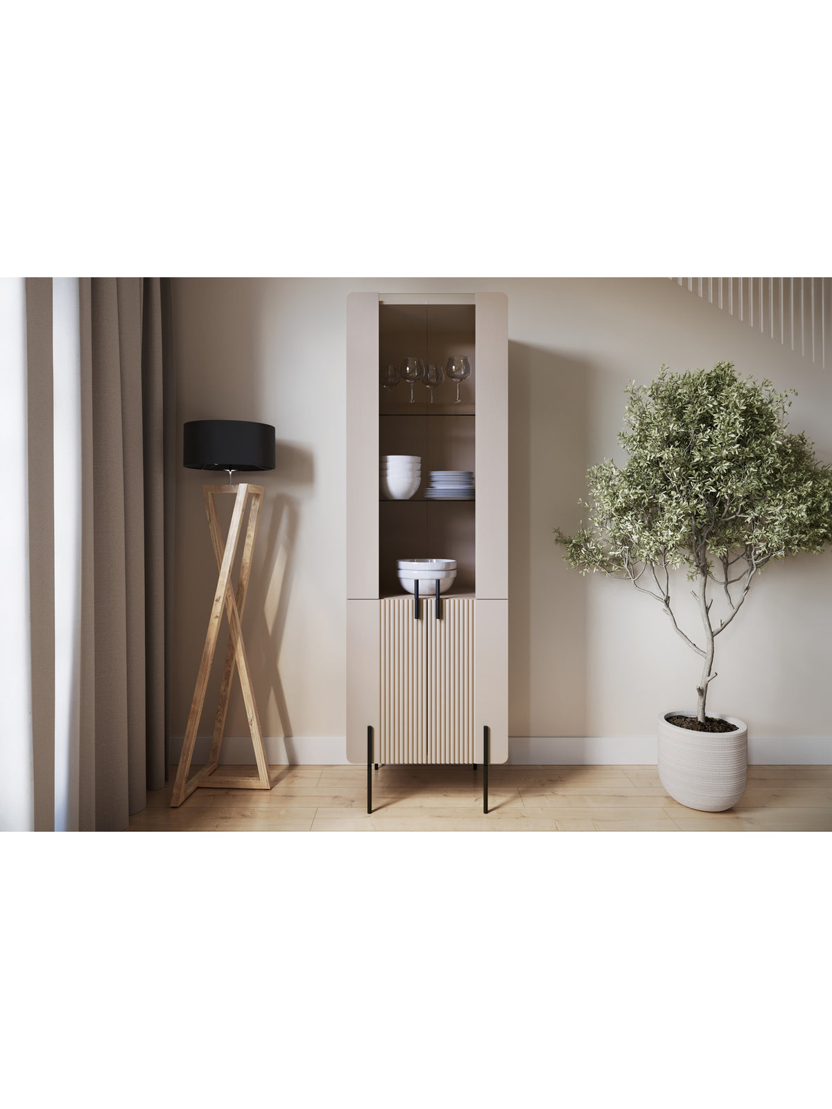 Vitrină Malmi 60 cm cu patru uși, culoare kasmir cu picioare negre, front din sticlă cu model striat