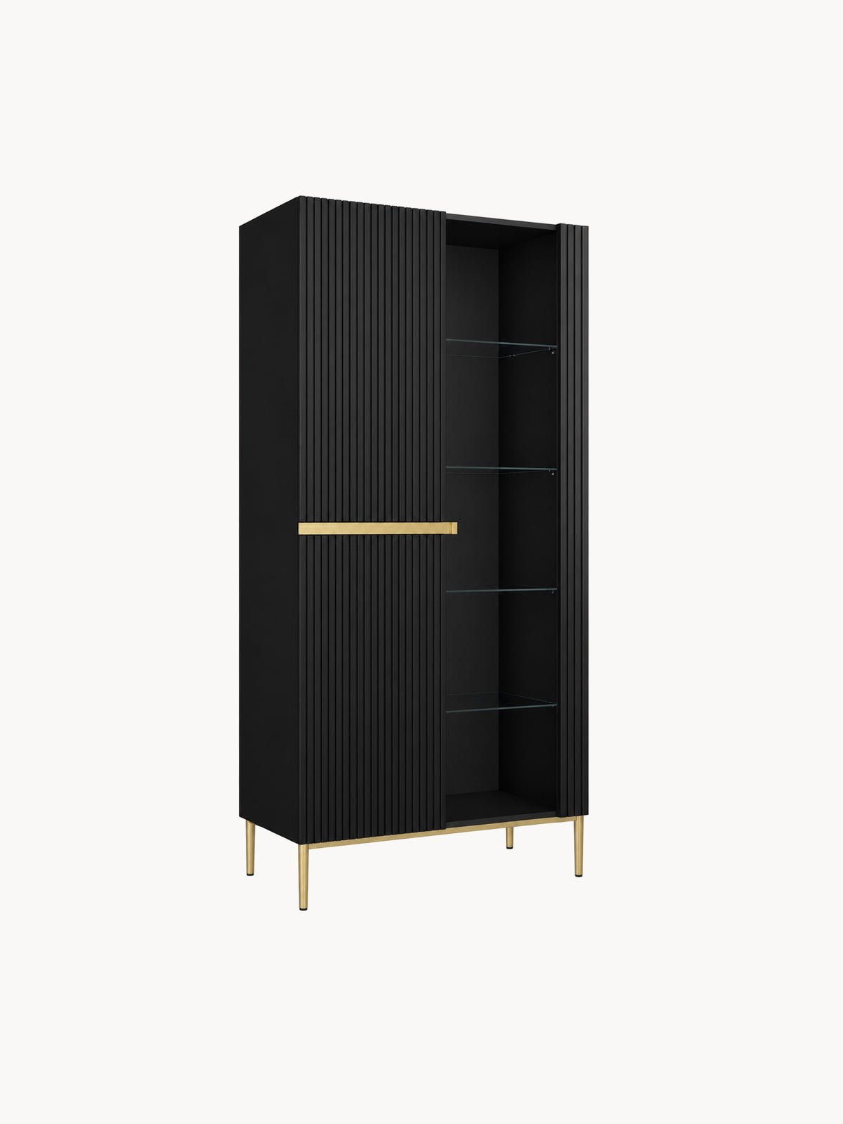 Witryna Nicole 100 cm z ryflowanym frontem - negru mat / picioare aurii