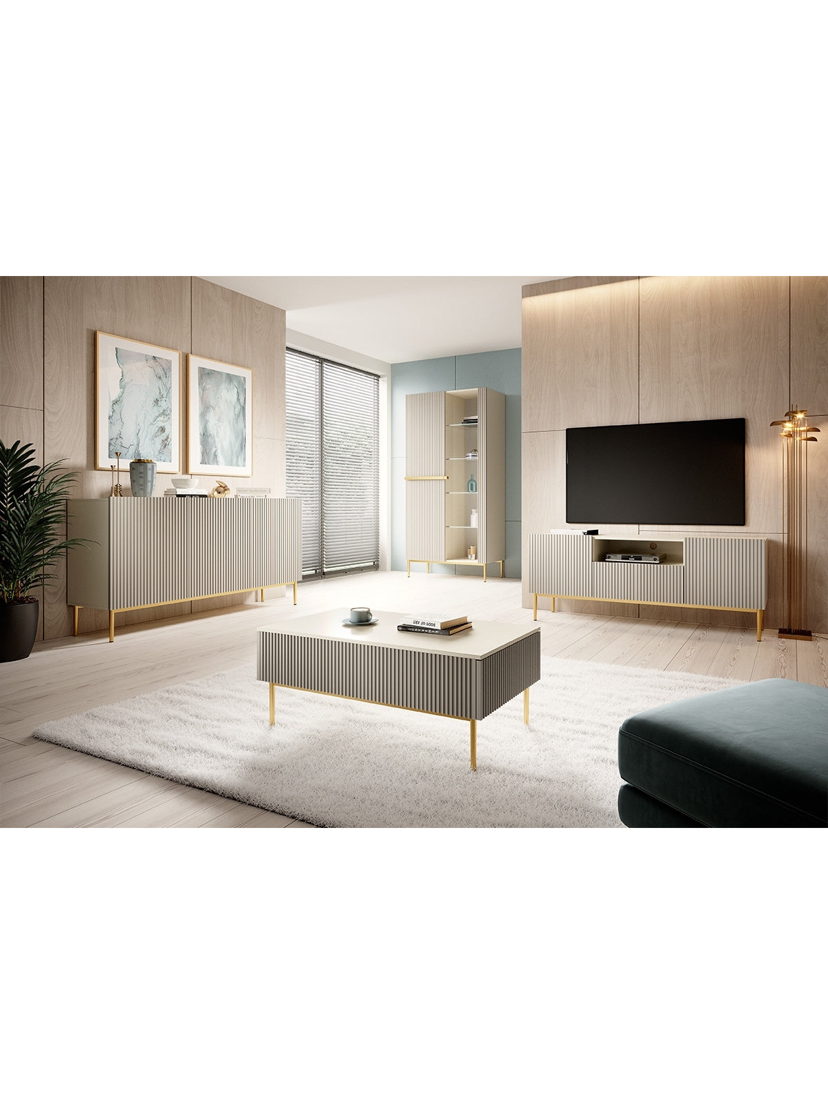 Vitrină Nicole 100 cm cu front liniat cashmere și picioare aurii, vedere laterală